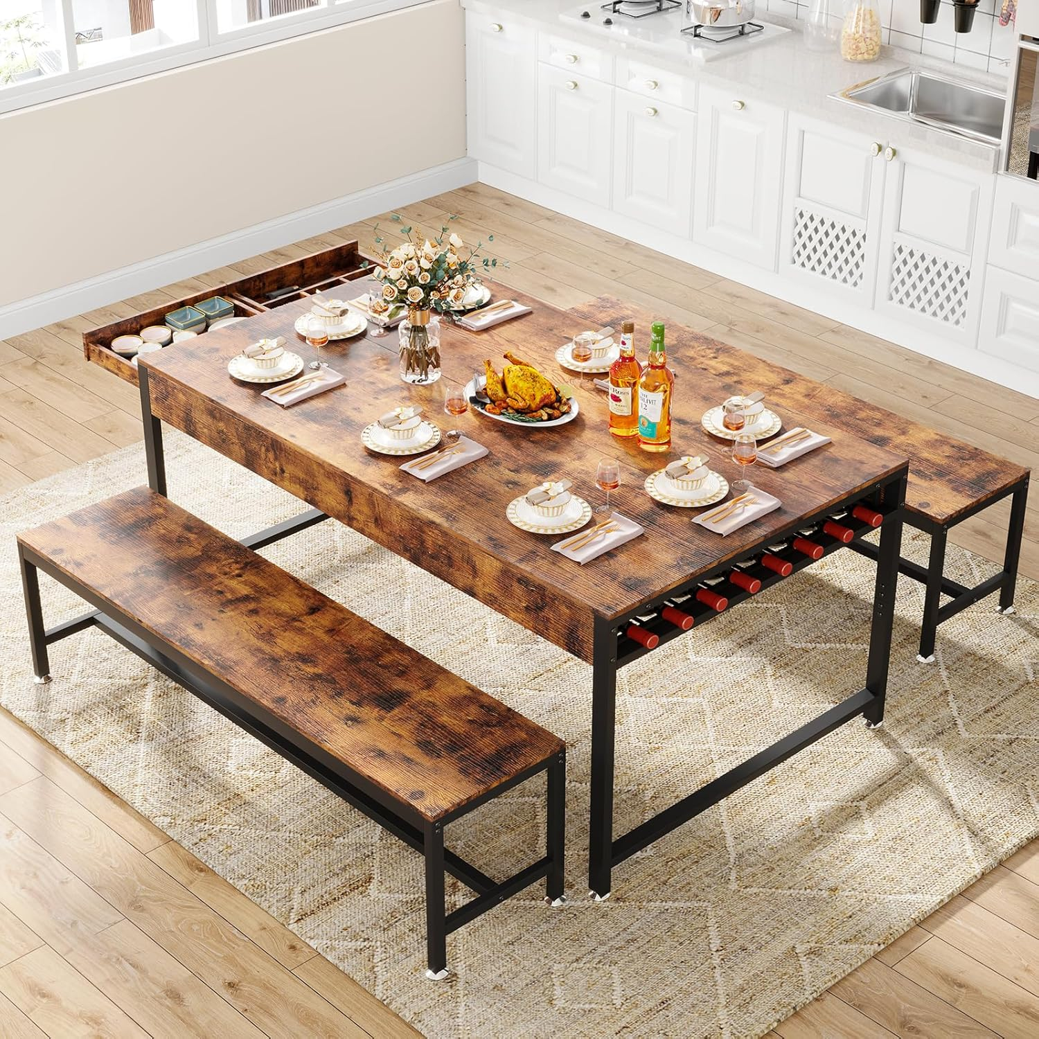 Zubie 63"Dining Table Set for 4-6, 3-Piece Kitchen Table with 2 Utensil Drawers,2 Benches&Wine Rack