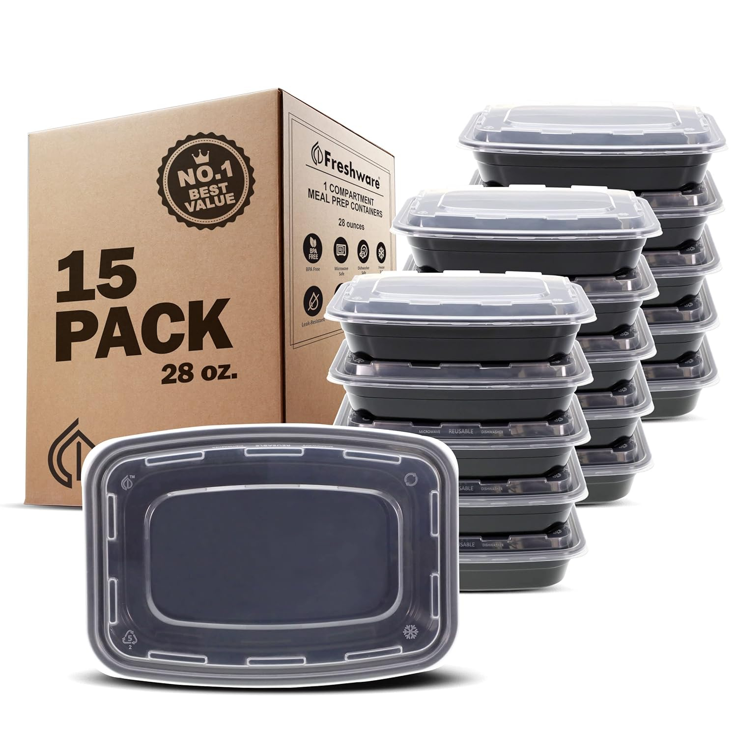 Freshware Meal Prep Containers [15 Pack] 1 Compartment Food Storage Containers with Lids, Bento Box, BPA Free, Stackable, Microwave/Dishwasher/Freezer Safe (28 oz) Black