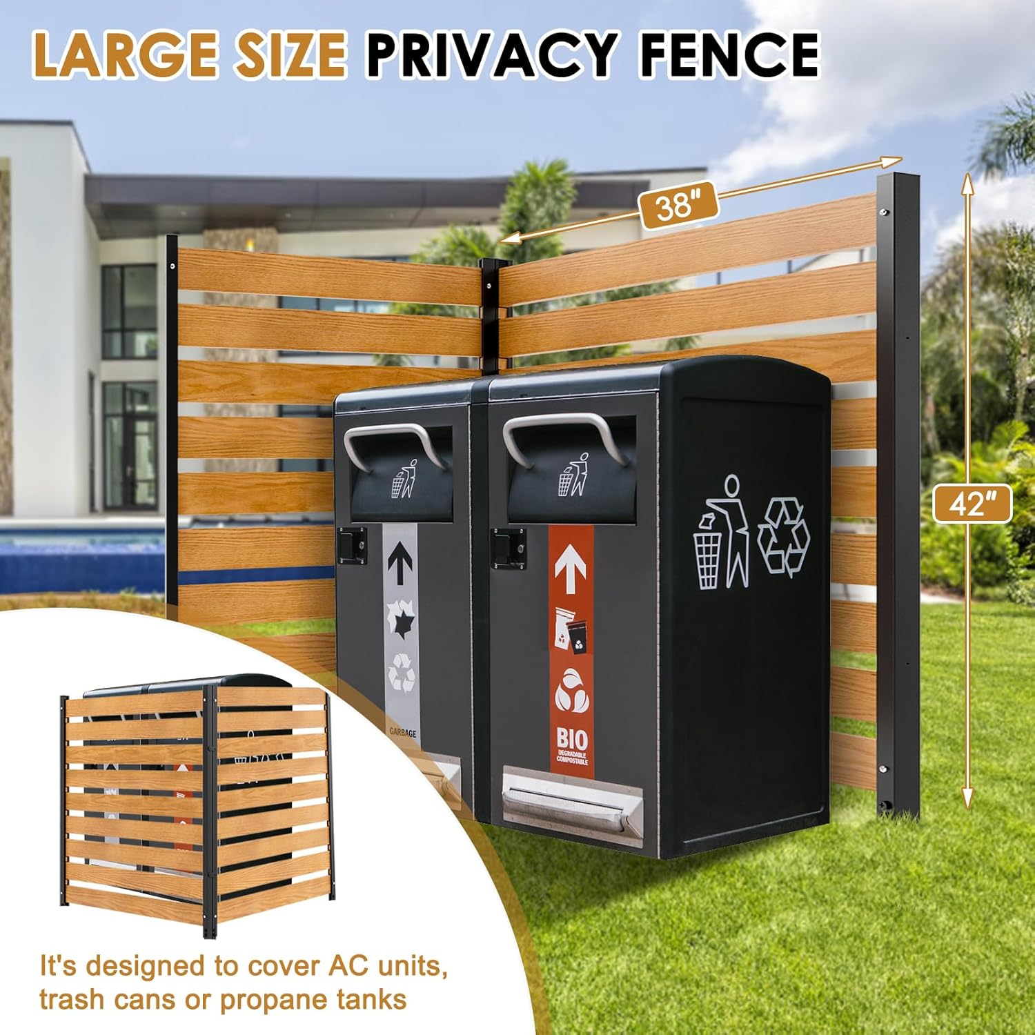 NAIZEA Air Conditioner Fence Outdoor Privacy Fence Screen, Pool Equipment Enclosure Trash Can Enclosure Metal Stake Wood Fence Panels for Outside 38" W x 42" H, 2 Panels