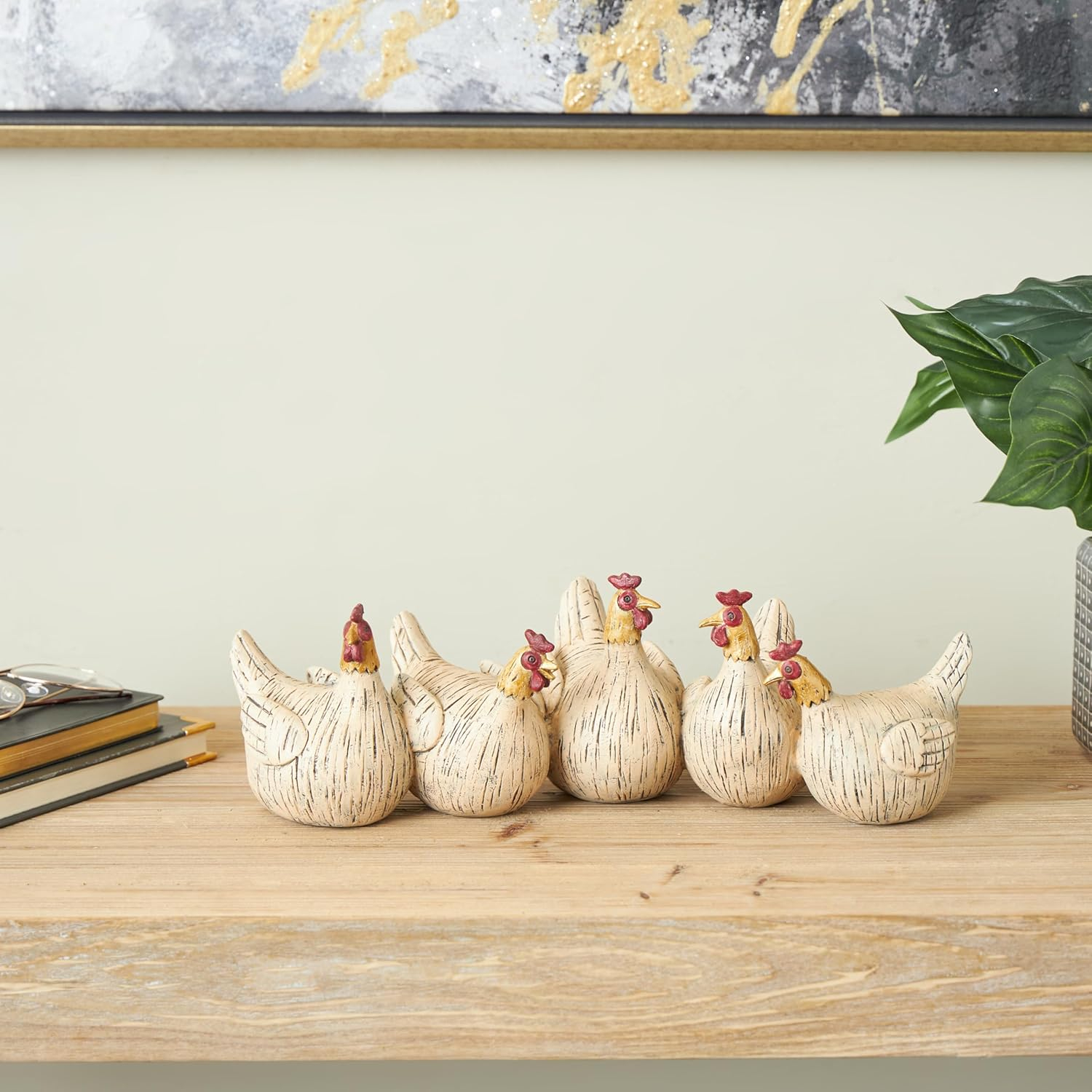 Deco 79 Polystone Chicken Sculpture with Gold Heads, 15" x 5" x 5", Beige