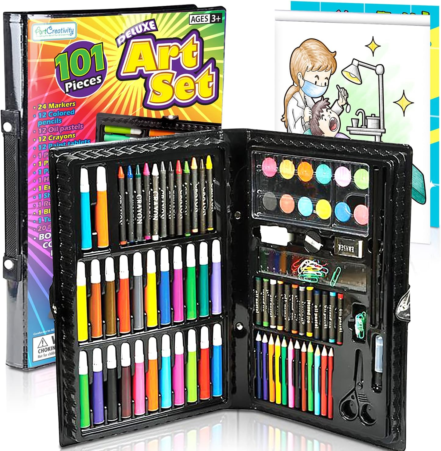 ArtCreativity Deluxe Art Set For Kids - Ideal Beginner Artist Kit Includes 101 Pieces - Watercolor, Crayons, Colored Markers, Color Pencils and More & Bonus Coloring Book