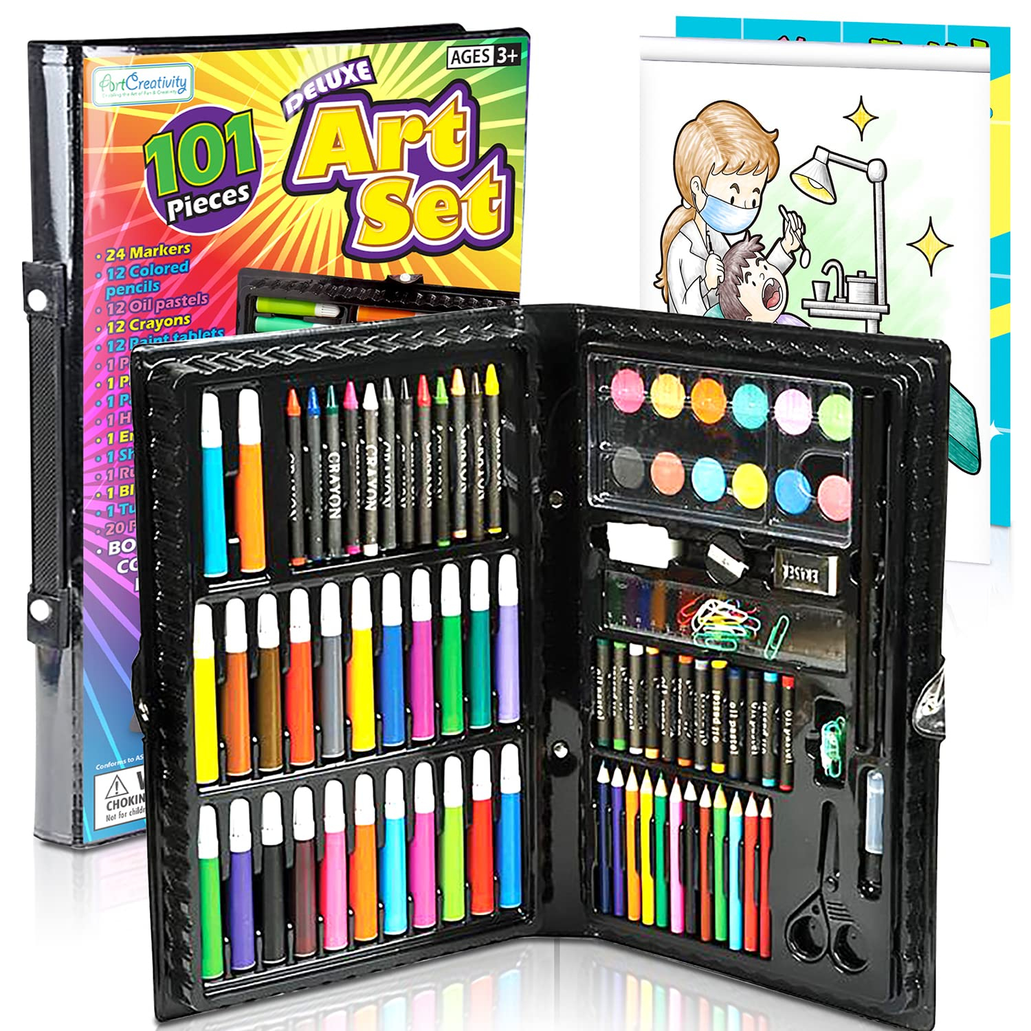 ArtCreativity Deluxe Art Set For Kids - Ideal Beginner Artist Kit Includes 101 Pieces - Watercolor, Crayons, Colored Markers, Color Pencils and More & Bonus Coloring Book