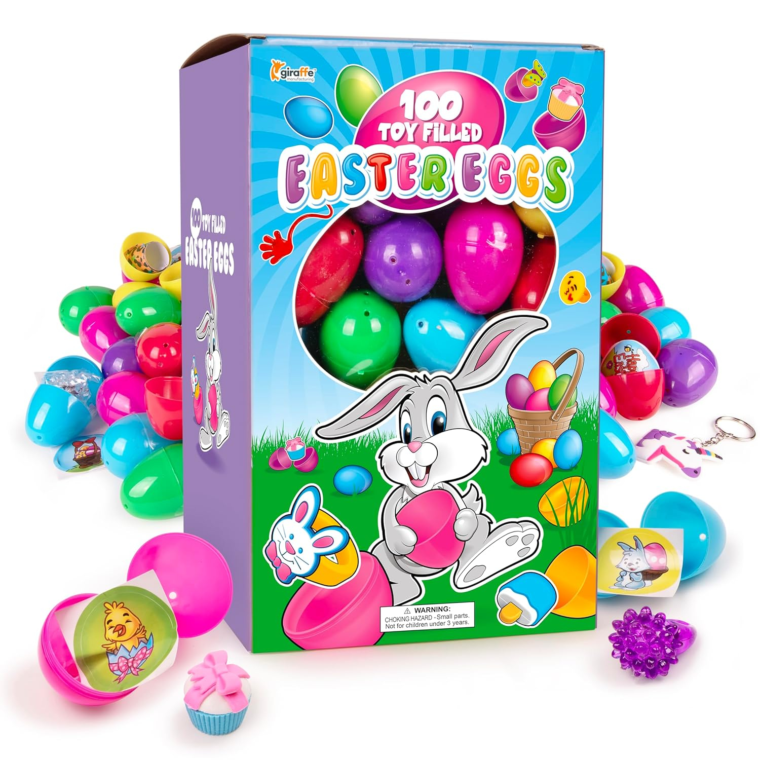 Giraffe 100 Pack Premium Prefilled Easter Eggs - Toy Filled Bulk Plastic Eggs for Kids with Slap Bracelets, Stickers, Light Up Rings - Perfect for Easter Egg Hunts - Bulk Prefilled Easter Eggs Toys!