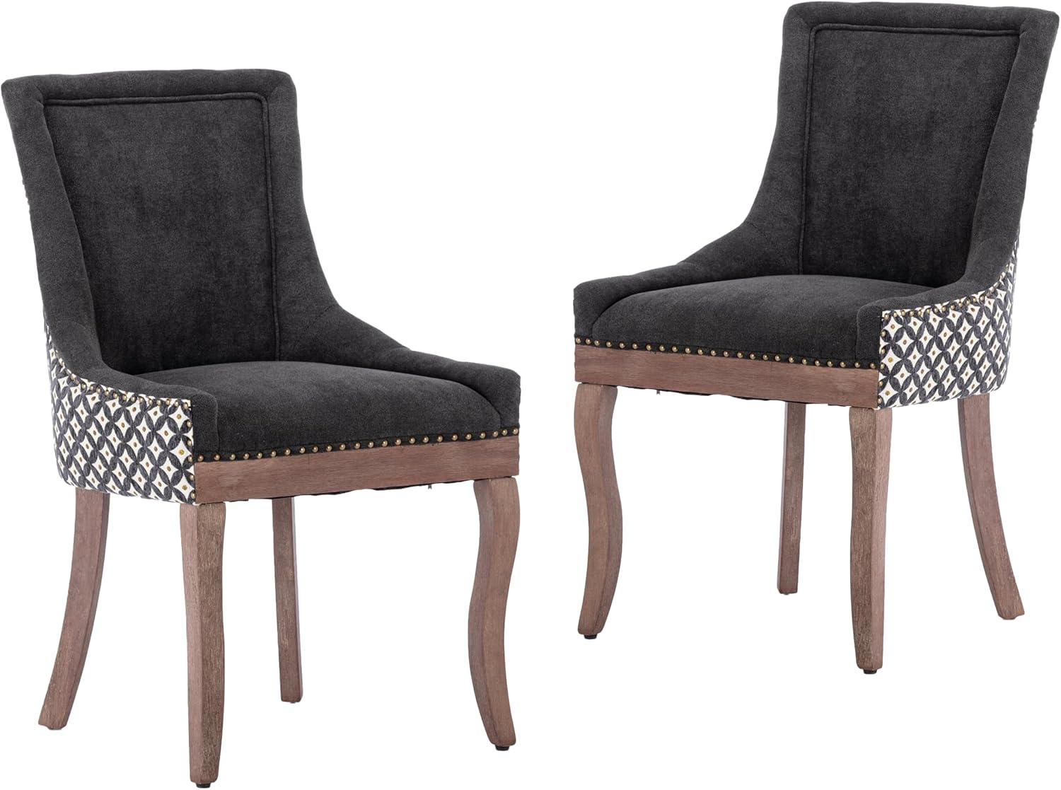 Upholstered Dining Chairs Set of 2, Solid Wood Kitchen Dining Room Chairs with Thicken Padded and Nailhead Trim for Home Kitchen Bedroom Black and Patterned
