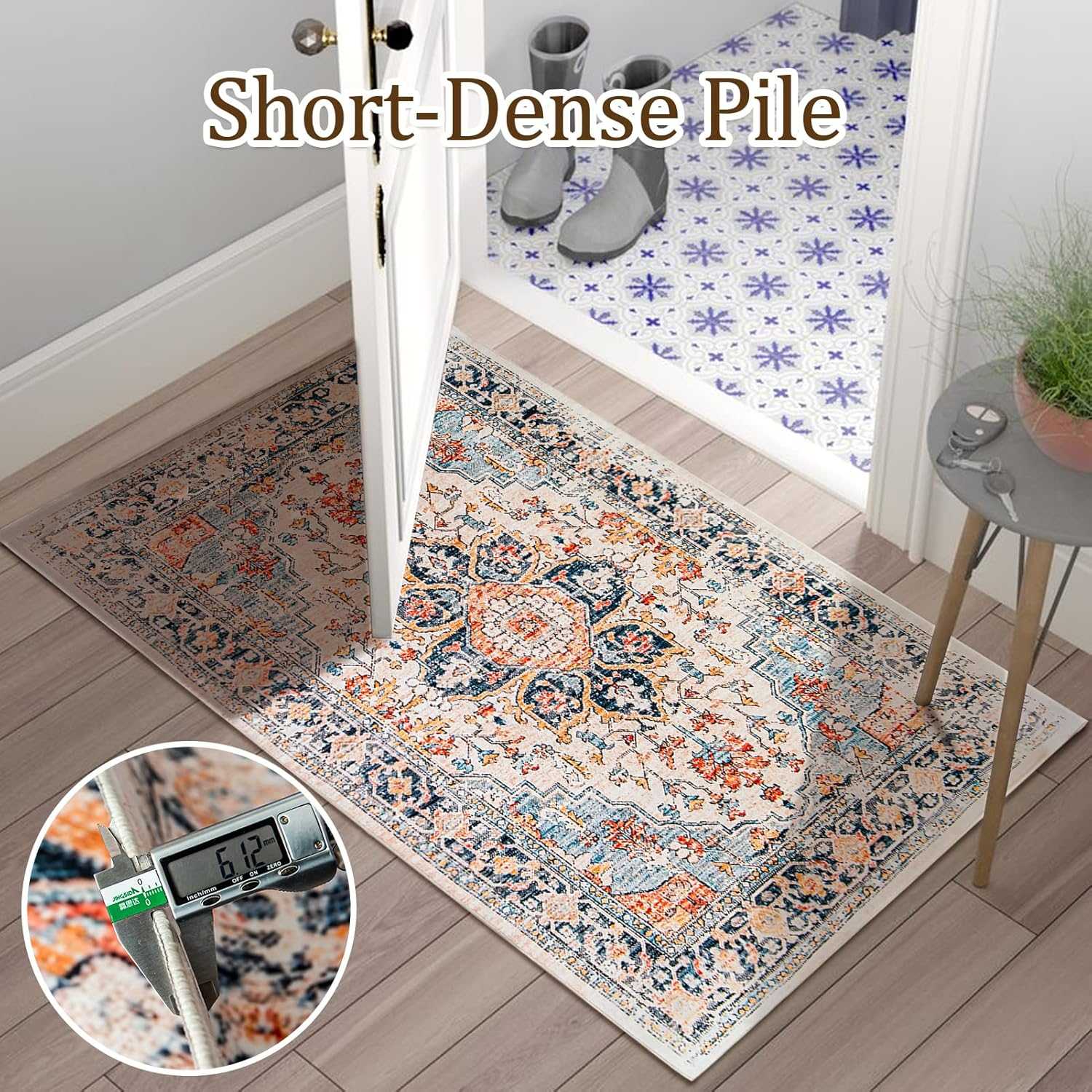 VK VK·LIVING 9x12 Area Rug Washable Rugs for Living Room Rug Vintage Design Boho Rug with Non Slip Living Room Rug Bedroom Carpet Stain Resistant, Home Decor, Blue&Orange
