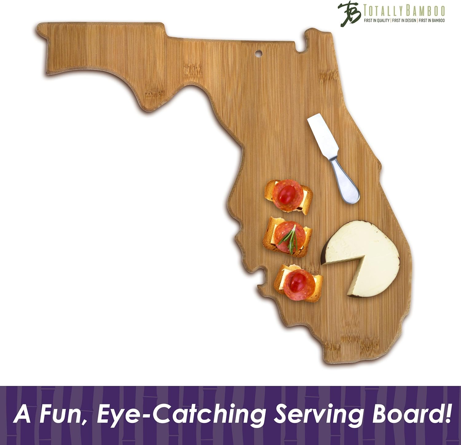Totally Bamboo Florida State Shaped Serving and Cutting Board, Includes Hang Tie for Wall Display