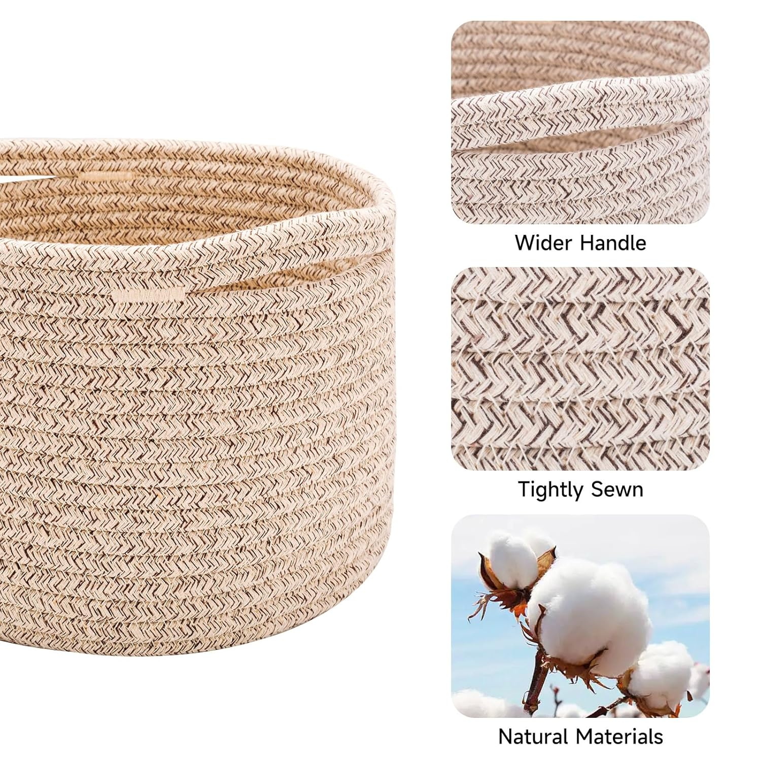 Small Basket for Organizing | Cube Shelf Closet Storage Baskets | 9.7×9.7×7.1” | Woven Rope Gift Basket | Nursery | Round 3 Packs Mixed Brown