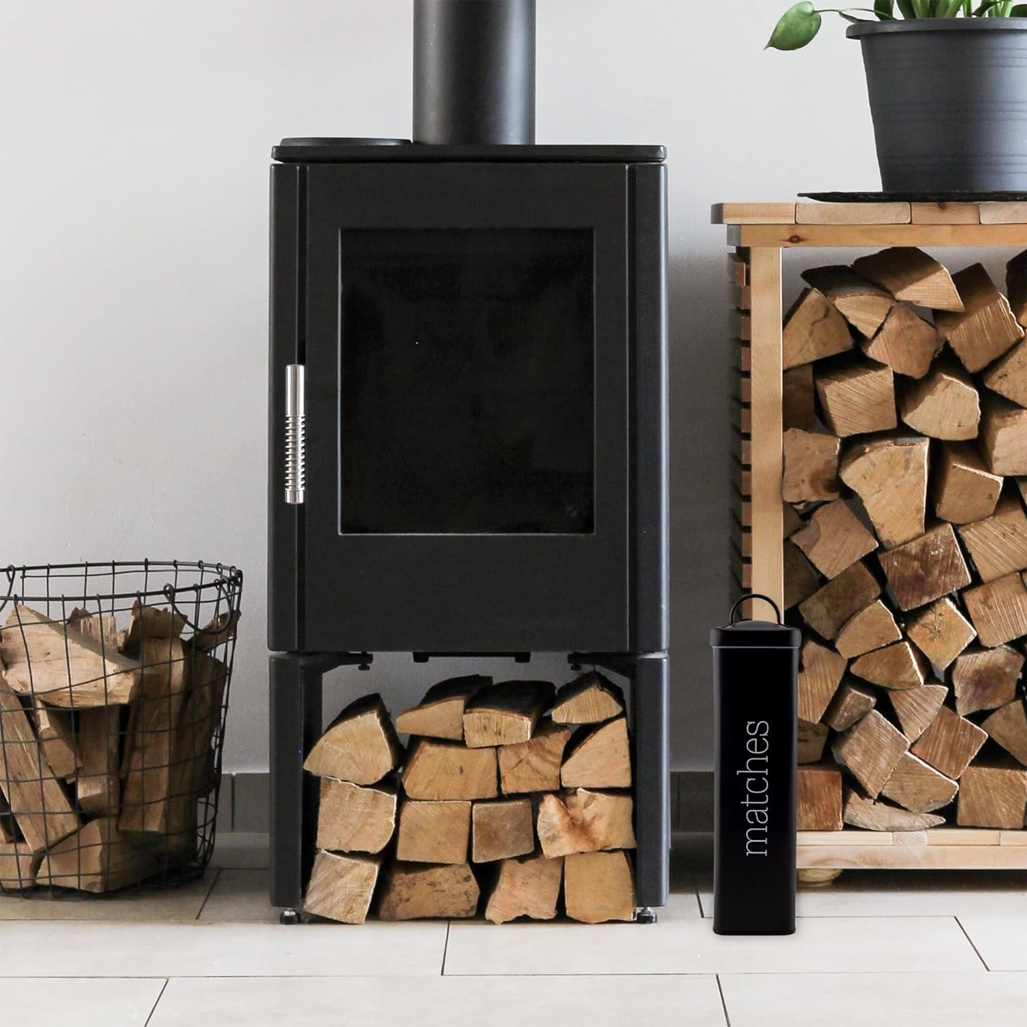 Tall Black Enamel Farmhouse Fireplace Matches Holder
