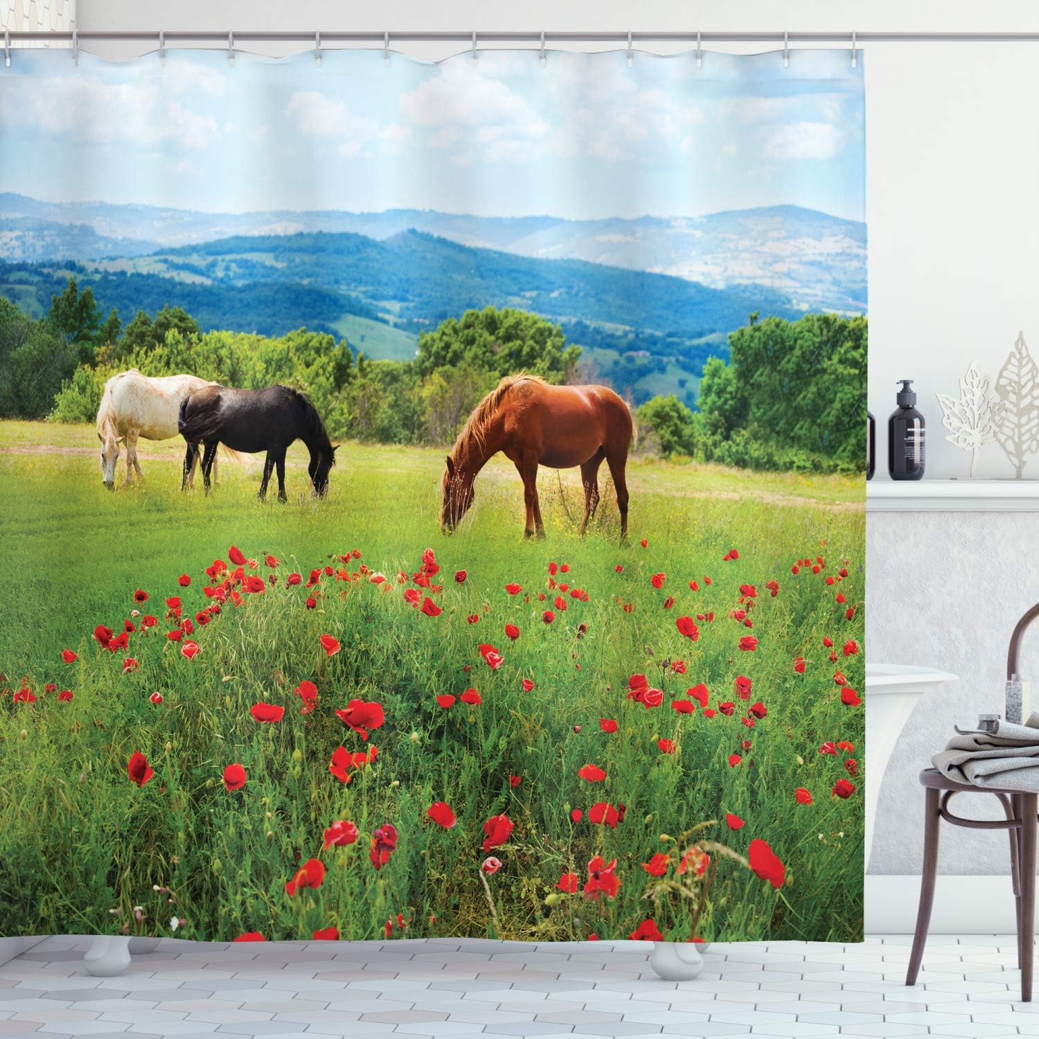 Ambesonne Horse Shower Curtain, Landscape Rural Scene, 69"Wx84"L, Multicolor