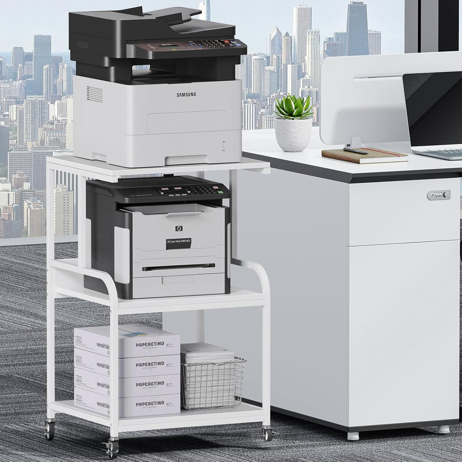 EasyCom Printer Stand- Large 3 Tier Printer Table with Wheels- Industrial Printer Storage Cart- Rolling Printer Cart with Storage Shelf for Printer Scanner Fax Home Office Use- White