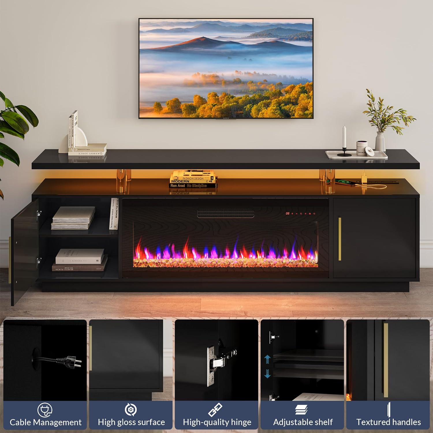 BELLEZE 79" TV Stand for TVs up to 85", LED Light Entertainment Center with 42" Electric Fireplace, Storage Cabinet with USB AC Outlet, Media Console Table for Living Room - Avenue (Black)