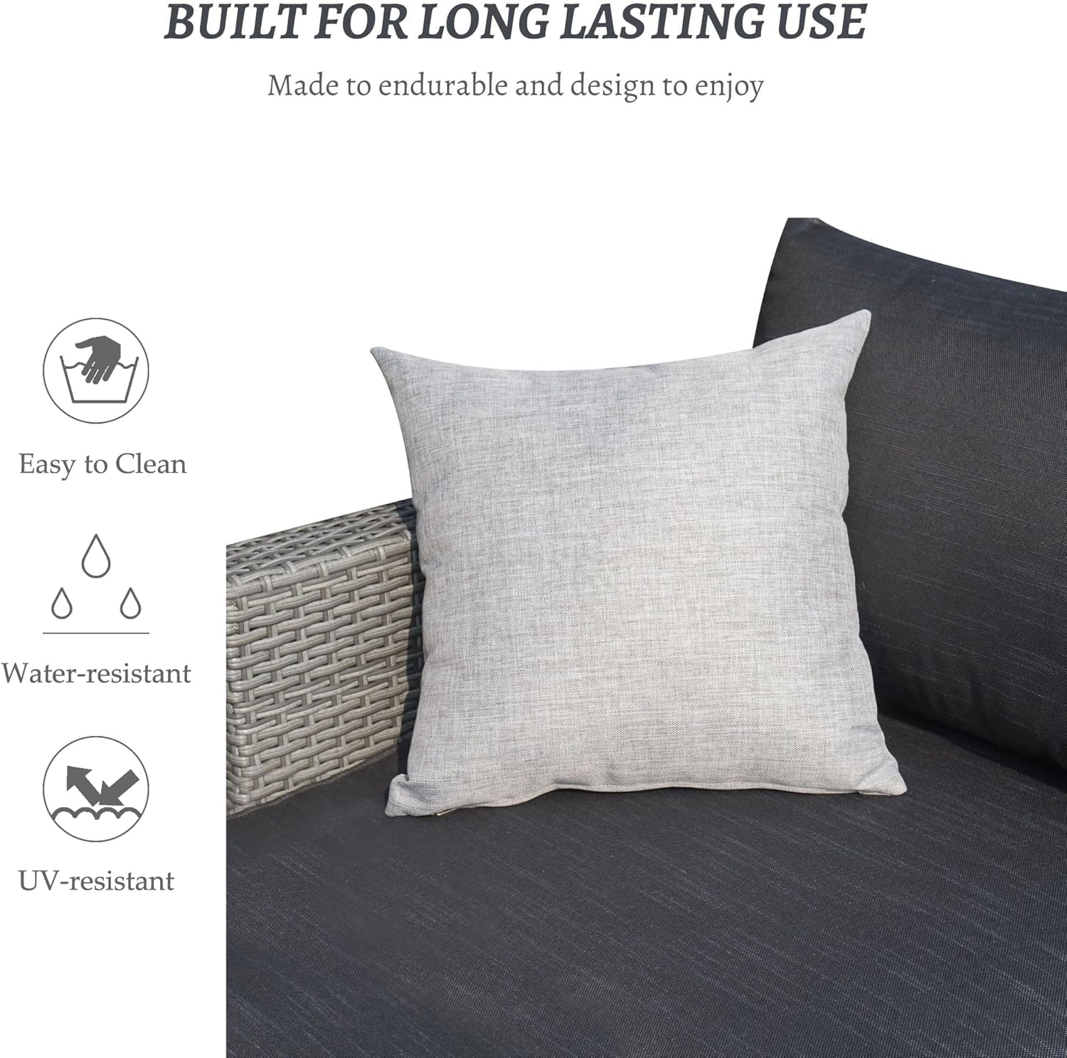 SUNTONE Patio Conversation Sofa Set - 3 Piece All Weather Wicker Outdoor Furniture Set, Gray Rattan & Black Cushions
