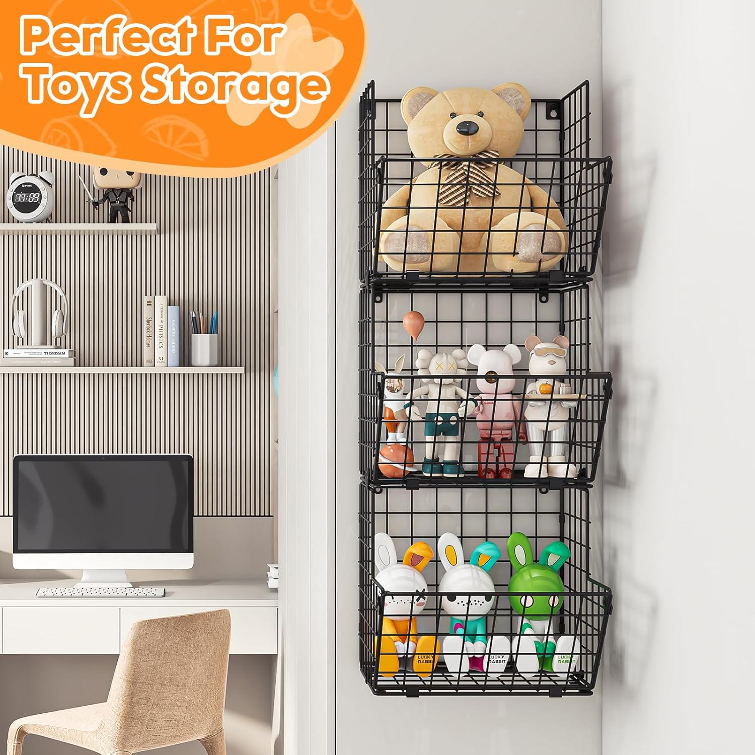 VOMGEB1 3-Tier Wall-Mounted Metal Wire Basket Organizer with 5 S Hooks