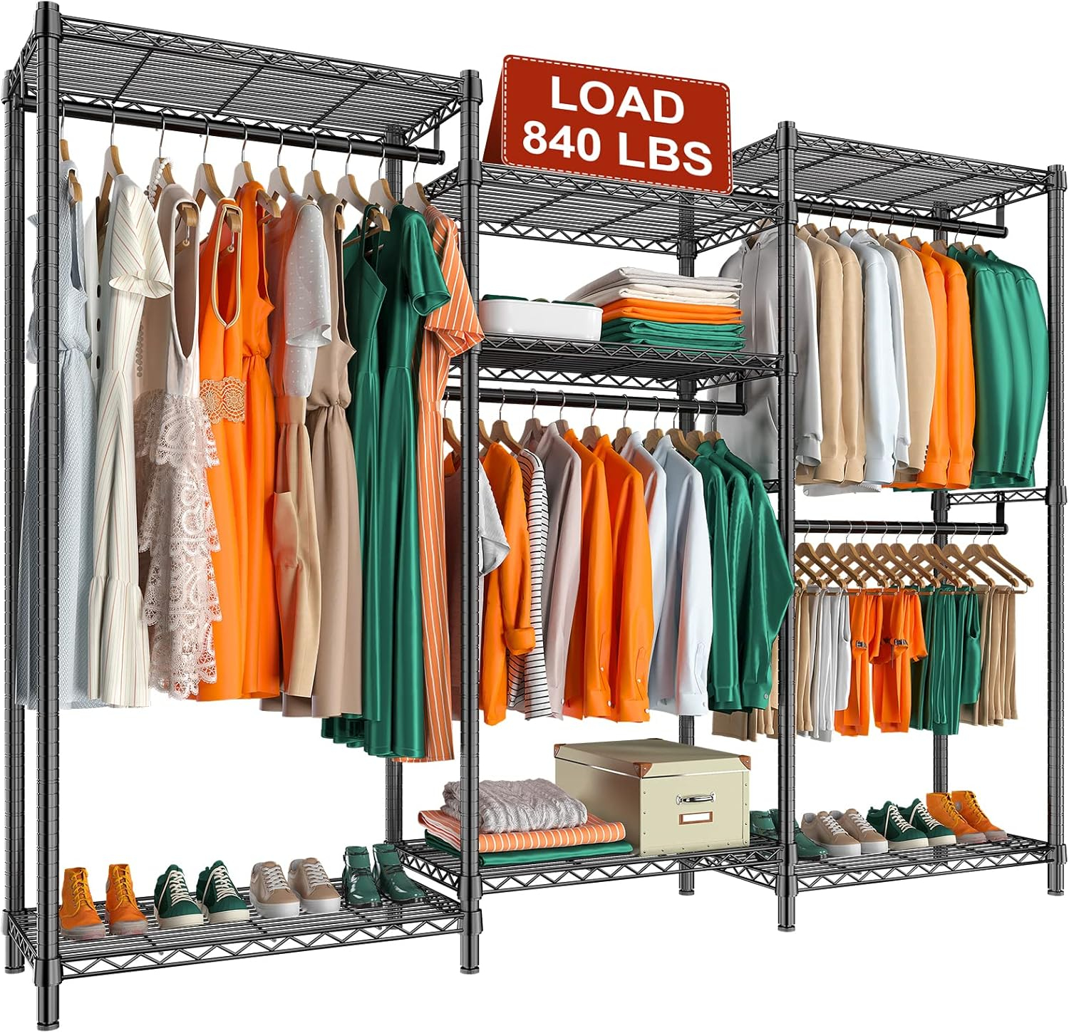 Raybee Clothes Rack Heavy Duty Load 840 LBS Adjustable Clothing Rack for Hanging Clothes,Metal Portable and Sturdy, 76.8" H x 68.8" W x 16.8" D Black