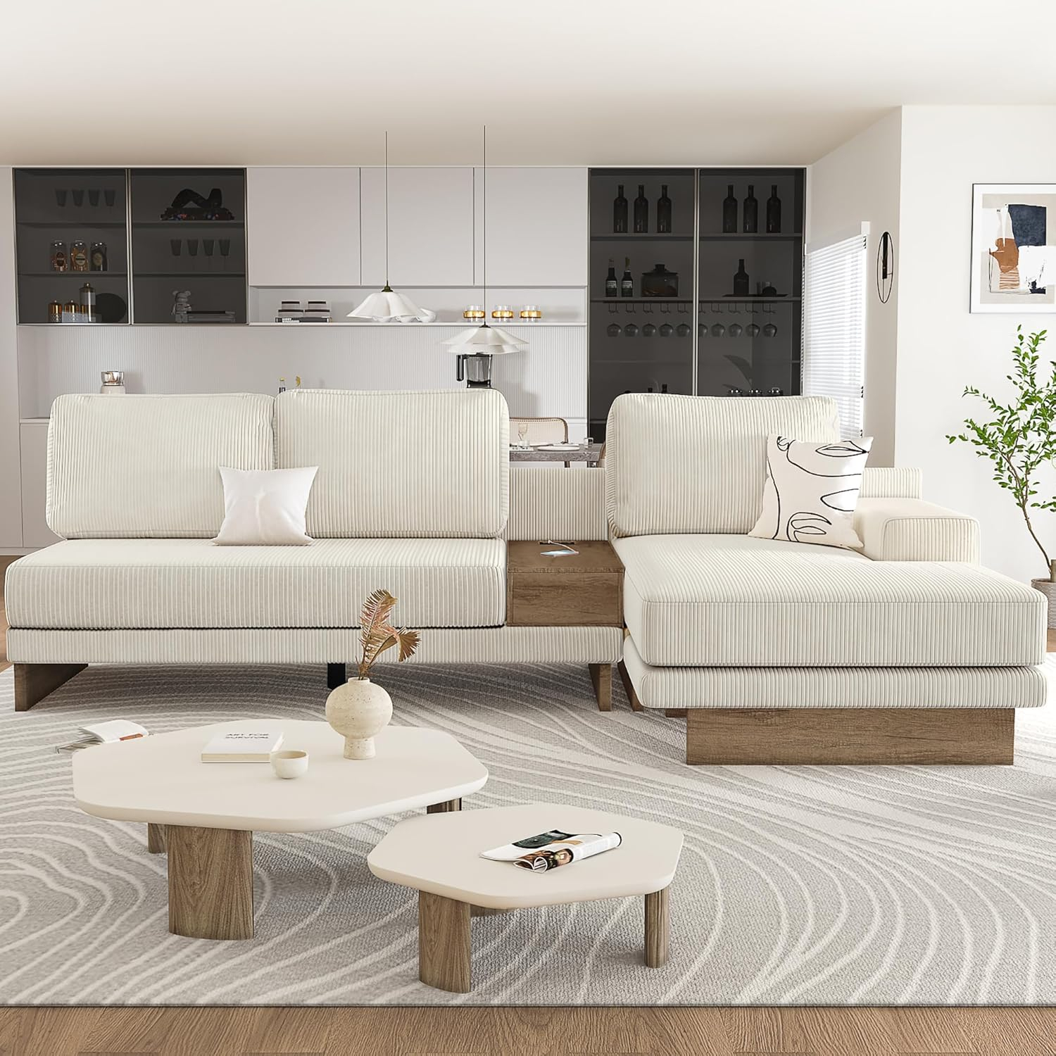 114" L-shaped Sofa Sectional Sofa with Two USB Ports and Two Power Sockets, A Storage Drawer and A Reversible Chaise Lounge for Living Room