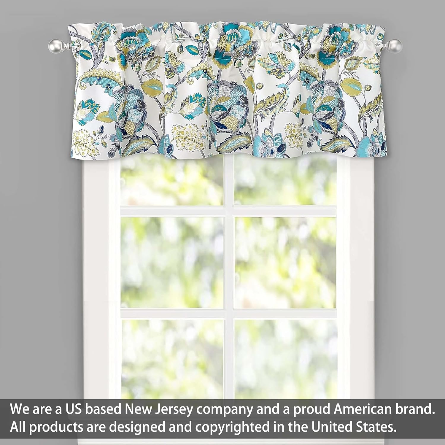 DriftAway Layla Classic America Style Floral Leaves Room Darkening Window Curtain Valance Rod Pocket Single 52 Inch by 18 Inch Plus 2 Inch Header Teal Gray