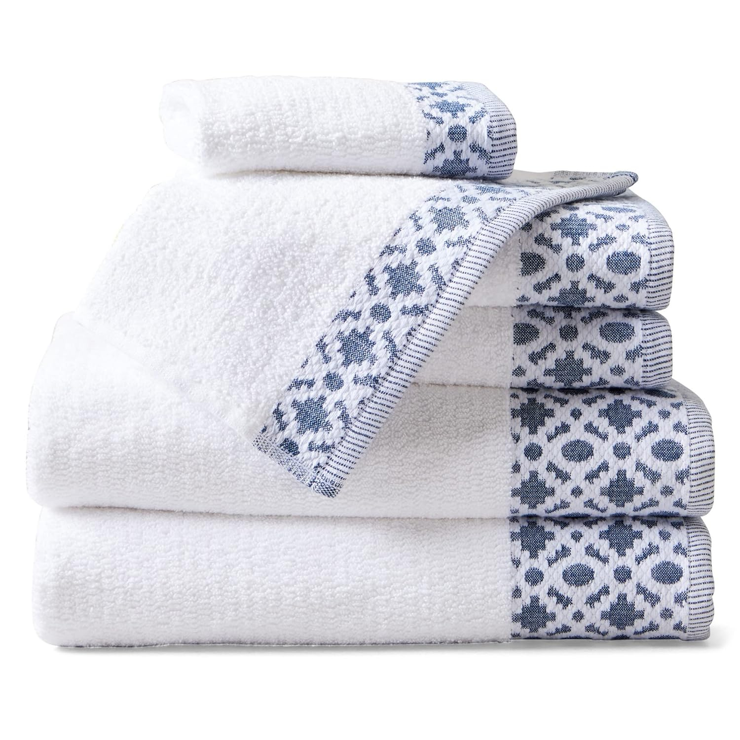 Market & Place 100% Cotton Luxury Towel Set | Super Soft and Highly Absorbent | Textured Decorative Border | 2 Bath Towels, 2 Hand Towels, & 2 Washcloths | Nitra Collection (White/Navy)