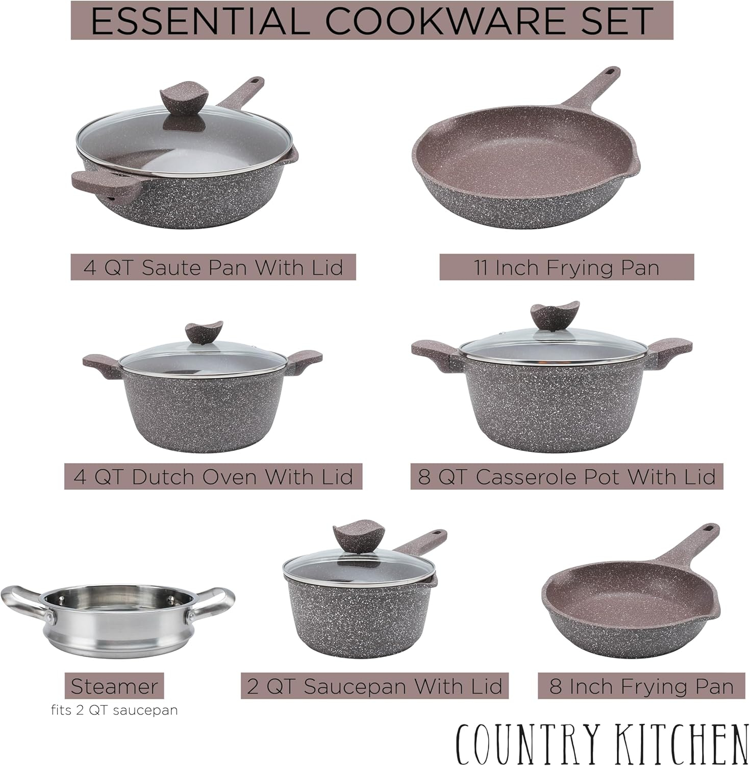 Country Kitchen Non-Stick Cast Aluminum Cookware Set - Durable Kitchen Cookware for Everyday Cooking, Chocolate Brown, 6 Pc.