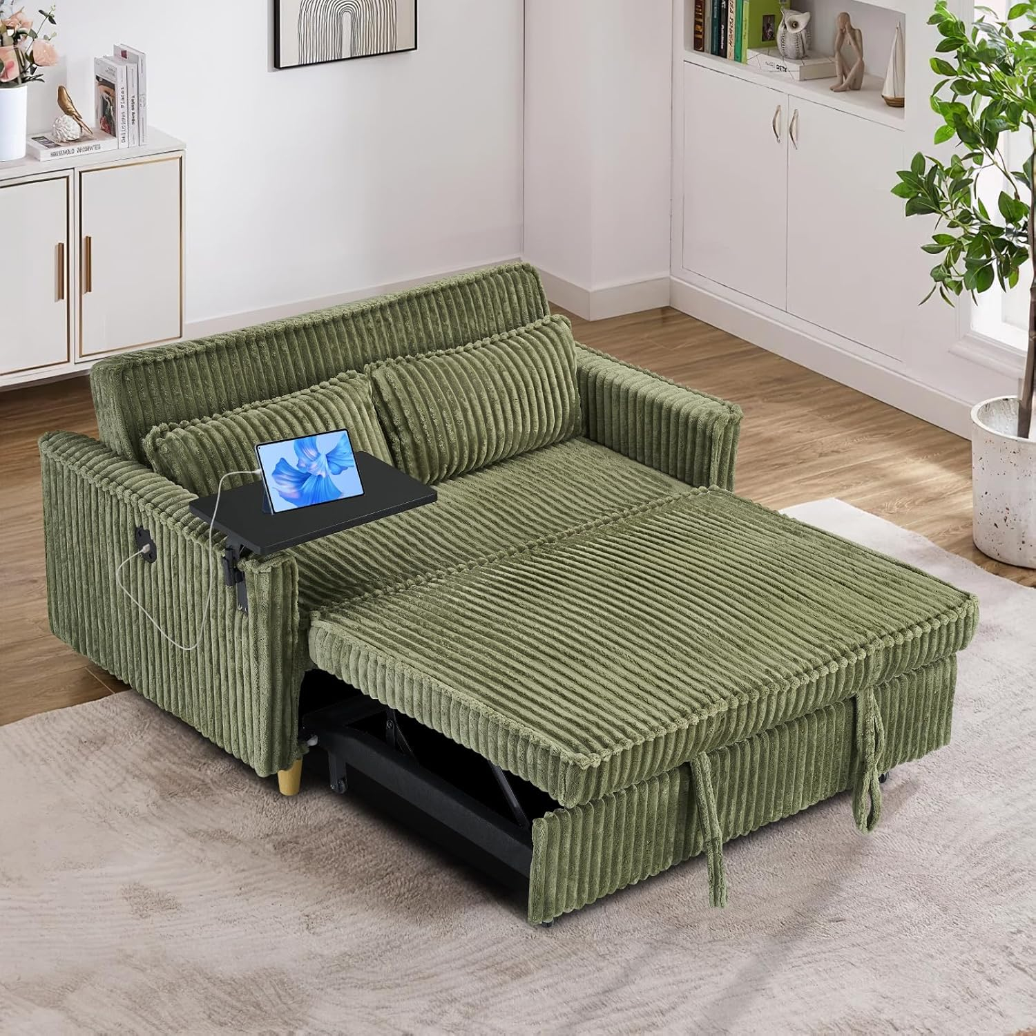 54"W Convertible Sleeper Sofa Bed,3-In-1 Corduroy Pull Out Couch Bed,Futon Loveseat Sleeper Couch with Adjustable Backrest and USB Ports & Side Table,Recliner for Living Room,Office,Small Space,Green