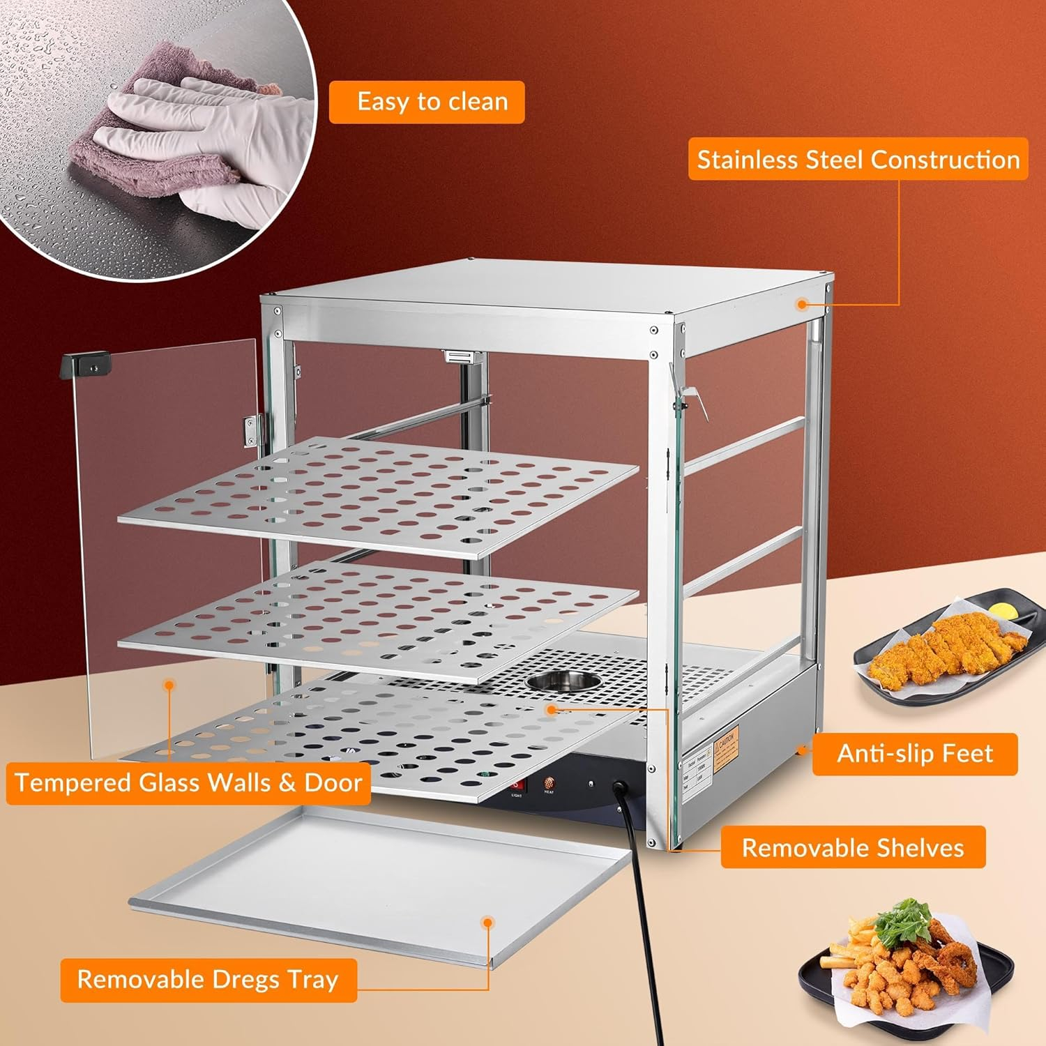 Stainless Steel 20" 3-Tier Commercial Food Warmer with LED Lighting