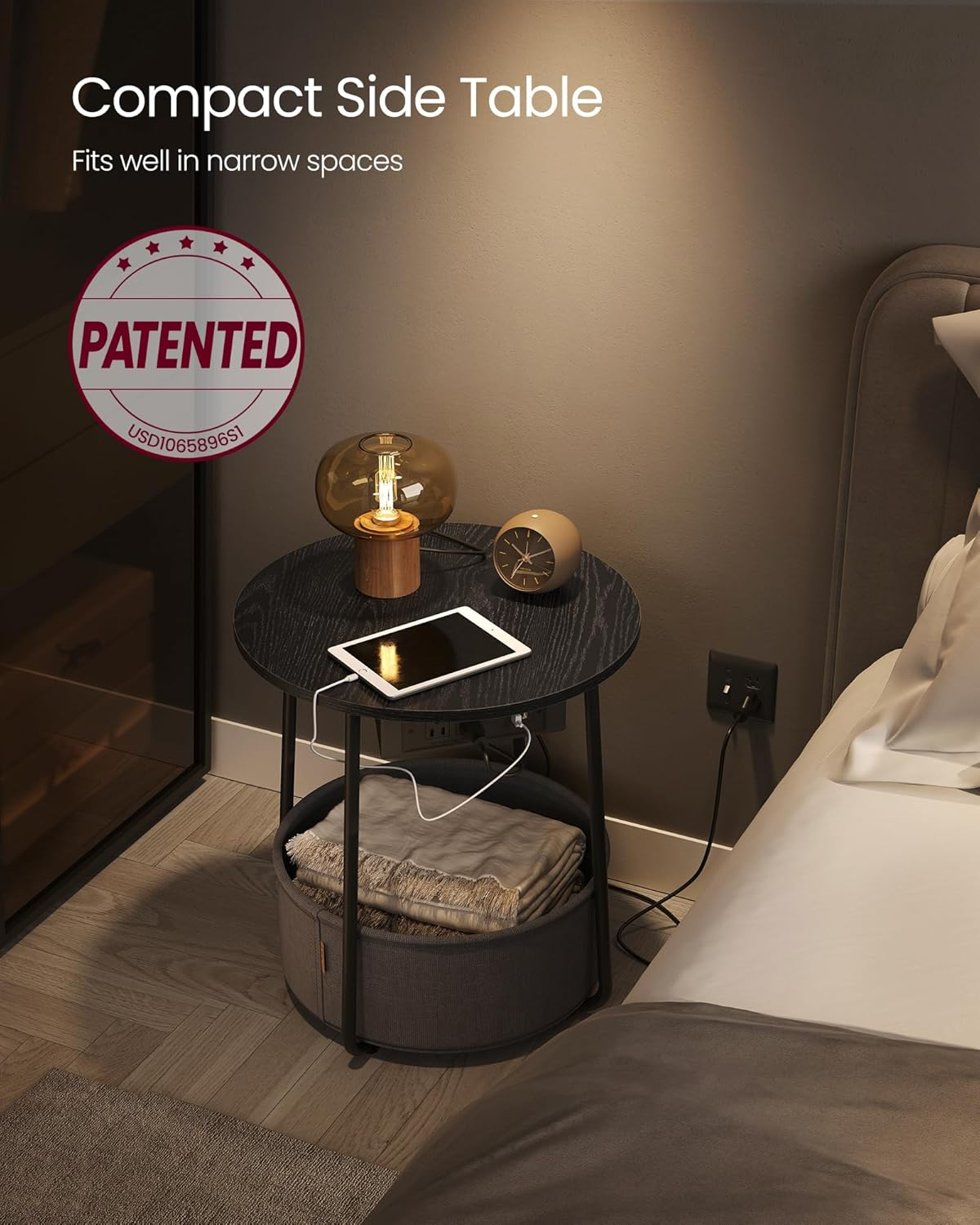 Ebony Black and Slate Gray Round Metal Side Table with Charging Station