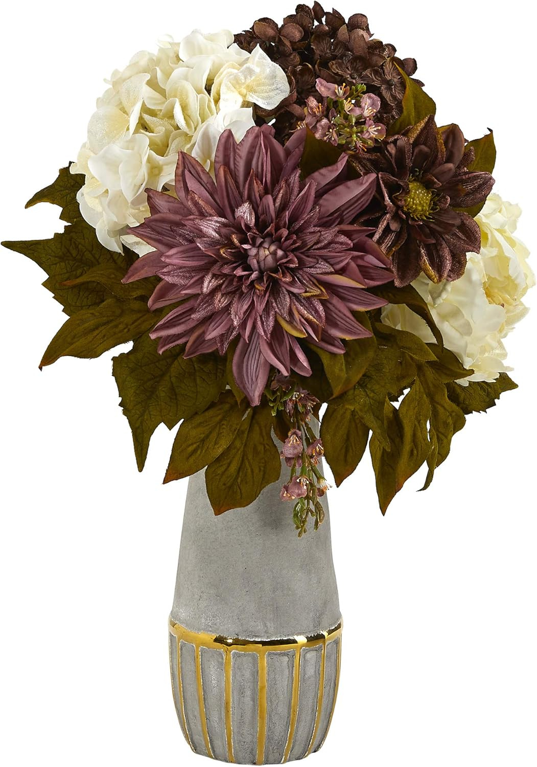 Nearly Natural Peony, Hydrangea and Dahlia Artificial Arrangement in Stoneware Vase