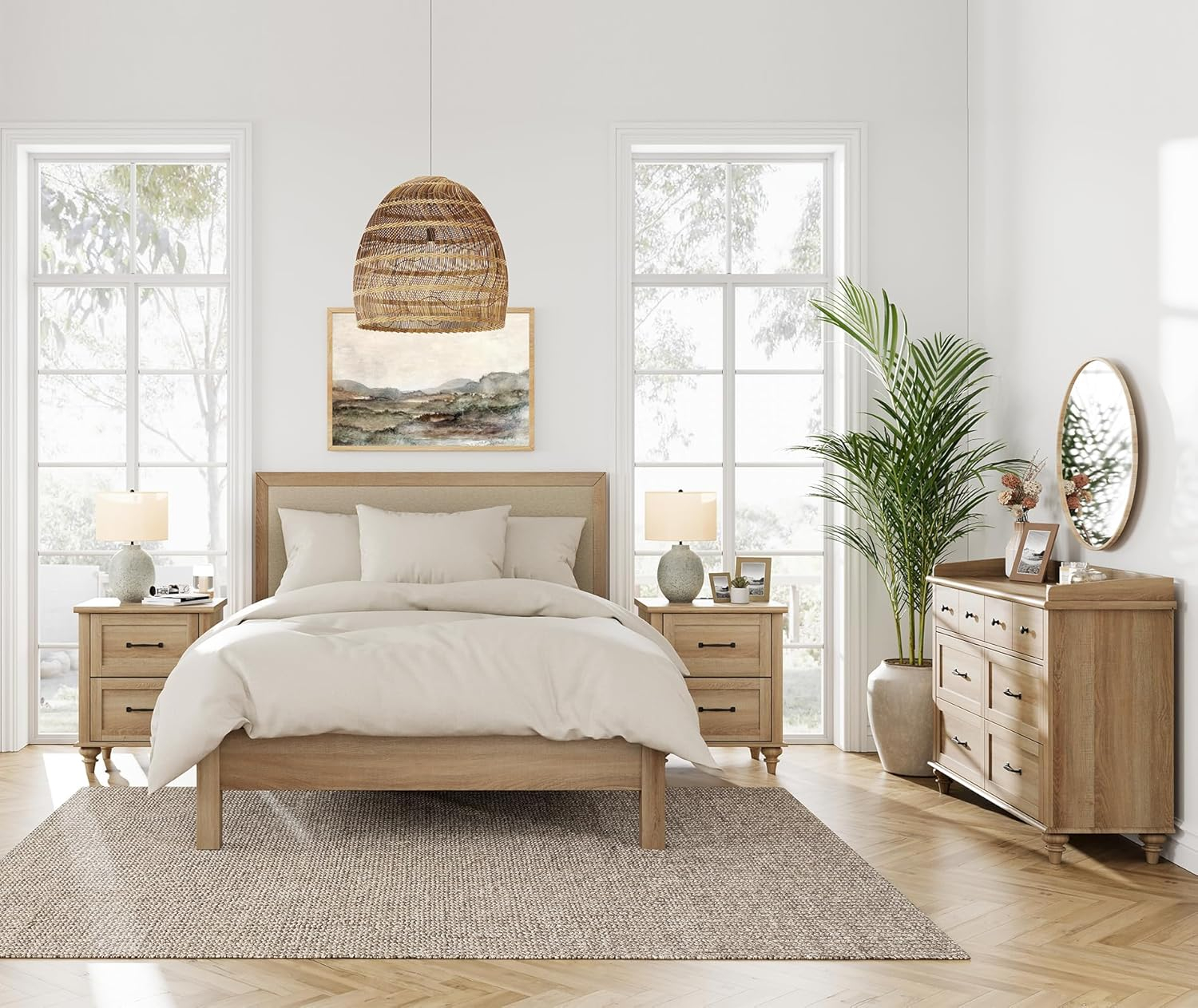 WAMPAT 3 Piece Dresser and Nightstand Sets, Farmhouse Dresser & Chest of Drawers with 6 Drawers & Metal Handle, Set of 2 Nightstands End Table with Charging Staion, 3 Piece Bedroom Set, Oak