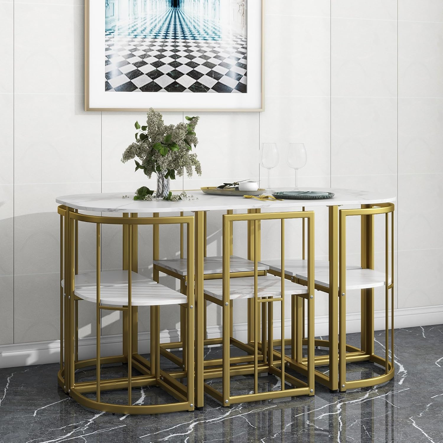 Merax Metal Dining Room Table Set with Chairs for Small Space 7 Piece Kitchen Dining Table Set for 6, Space Saving, Golden White