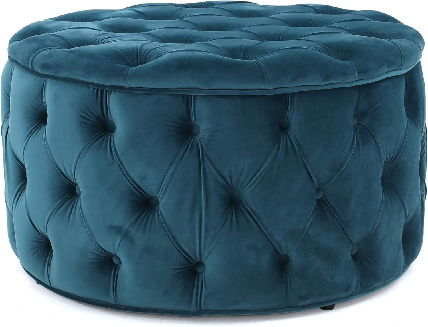 Contemporary Birch and Velvet Round Tufted Ottoman in Teal