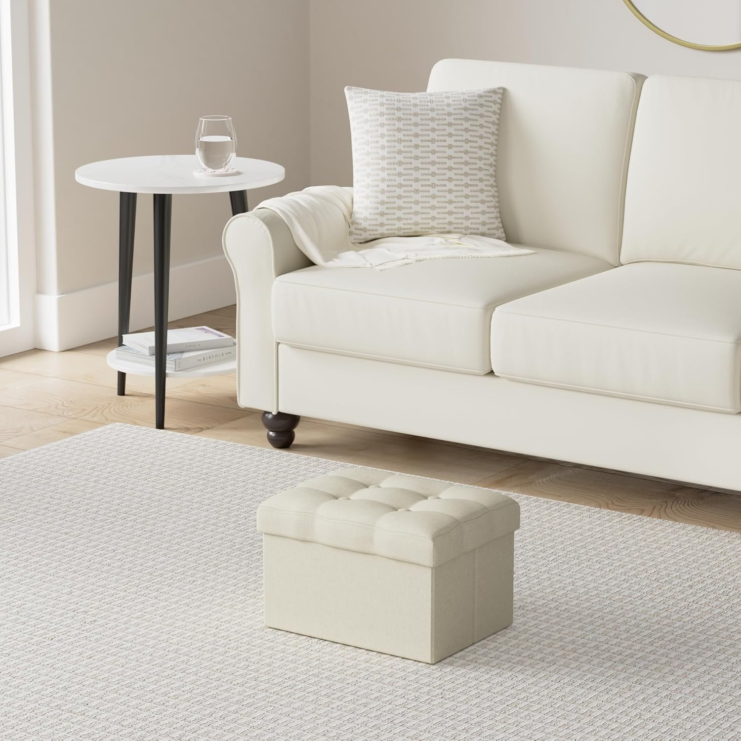 LINMAGCO Small Storage Ottoman Stool - Folding Foot Rest Under Desk Stool - 16X12X12IN Linen Cloth Beigh