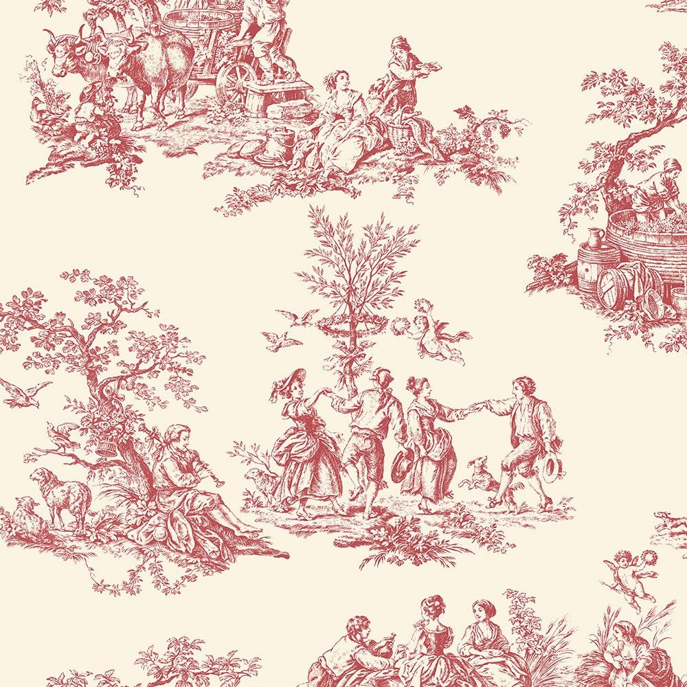 Romantic Victorian Red and Cream Toile Wallpaper