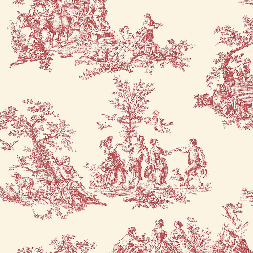 Romantic Victorian Red and Cream Toile Wallpaper