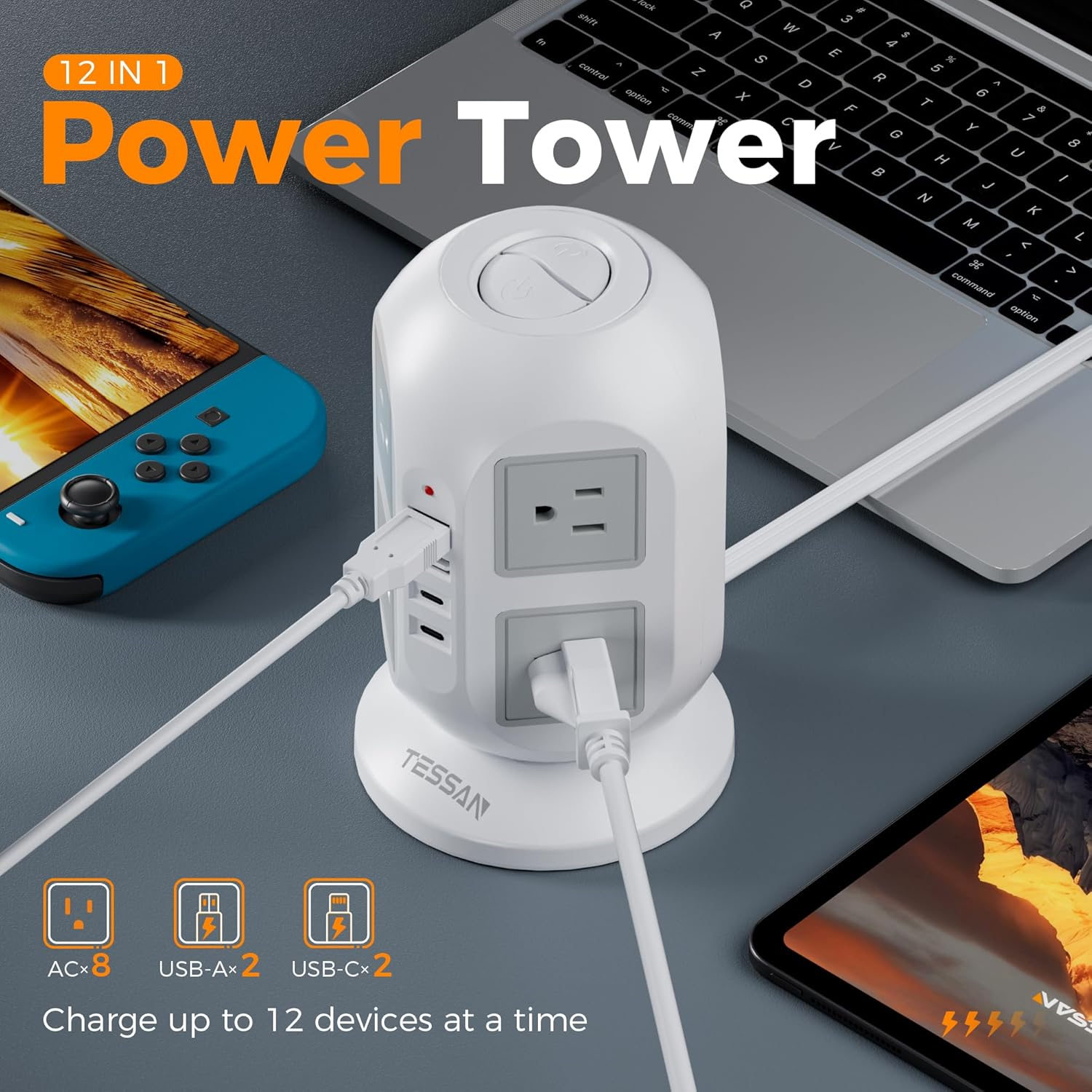 Tower Surge Protector Power Strip 10 ft, TESSAN Long Flat Extension Cord with Multiple Outlets, 8 AC Outlets with 4 USB Ports (1 USB C), Charging Station with Surge Protection, for Home Office Dorm