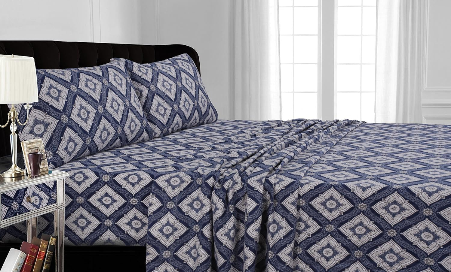 Queen Blue and Gray Cotton Flannel Damask Print Sheet Set