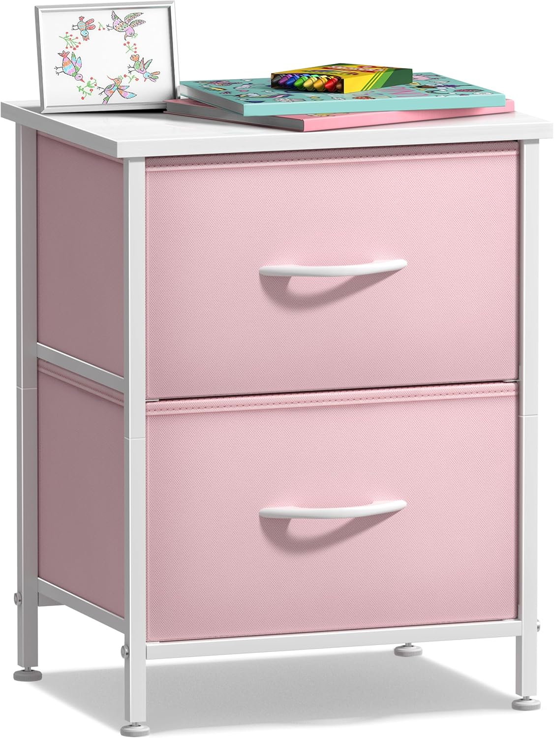 Sorbus Nightstand with 2 Drawers - Kids Bedside Furniture End Table Night Stand - Steel Frame, Wood Top & Easy Pull Fabric Bins - Dresser & Chest for Home, Bedroom Accessories, Office & College Dorm