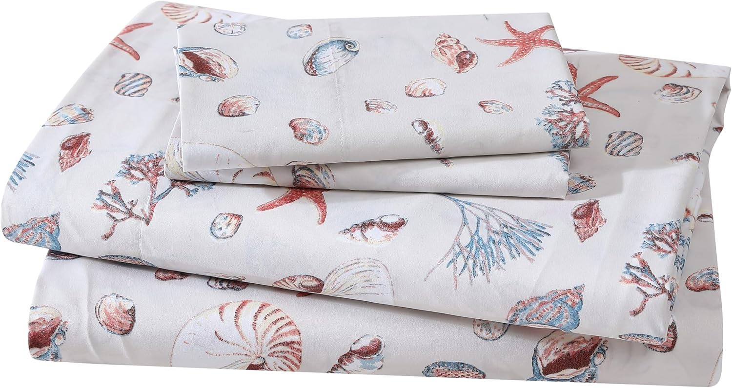 Coastal Print Microfiber Sheet Set, King, Oceanside Sand
