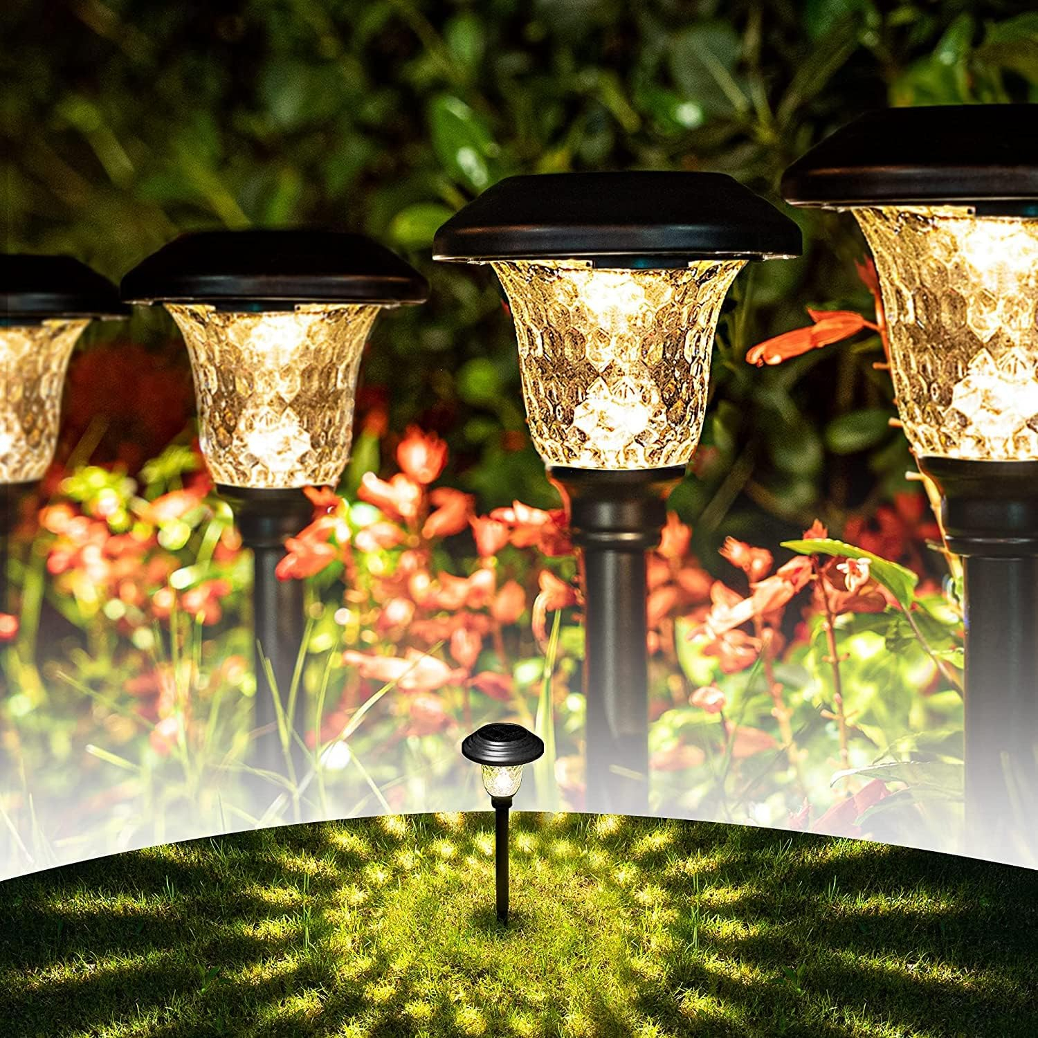 GIGALUMI Solar Garden Lights 8 Pack, Super Bright Solar Pathway Lights, Glass Stainless Steel Solar Lights Outdoor Waterproof, Auto On/Off Solar Powered Landscape Lights for Yard, Walkway (Black).