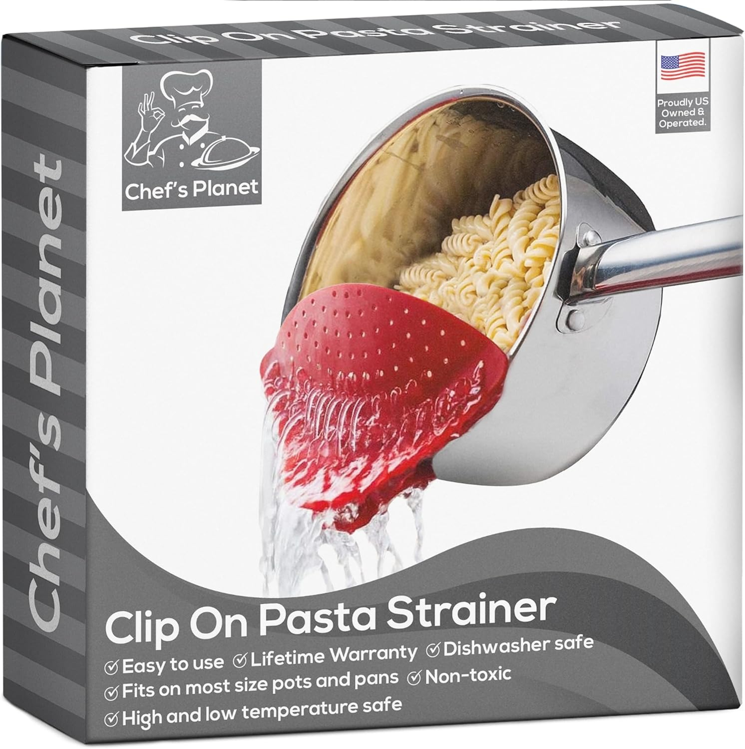 Chef's Planet Strainer - Pasta Strainer, Strainers for Kitchen, Food Strainer, Kitchen Strainer, Grease Strainer, Pot Strainer, Handy Pan, Clip on Strainer for Pots, Household Gadgets (Red)