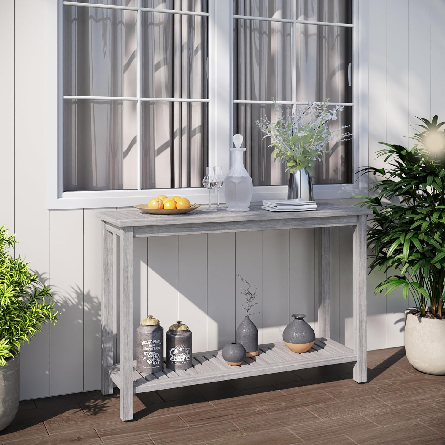 DTY  Outdoor Living Longs Peak Eucalyptus Console Table Silver Gray
