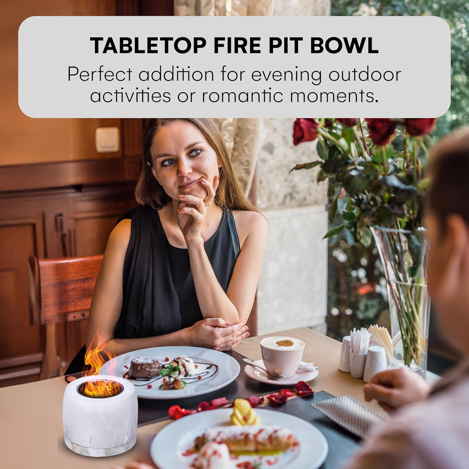 Marble-Effect Ceramic Tabletop Fire Pit for Indoor & Outdoor Use - Bio-Ethanol, Ventless Fireplace - Compact, Clean Burning, and Durable - Ideal for Patios, Tables & Desks (3.74 x 3.74 inch)