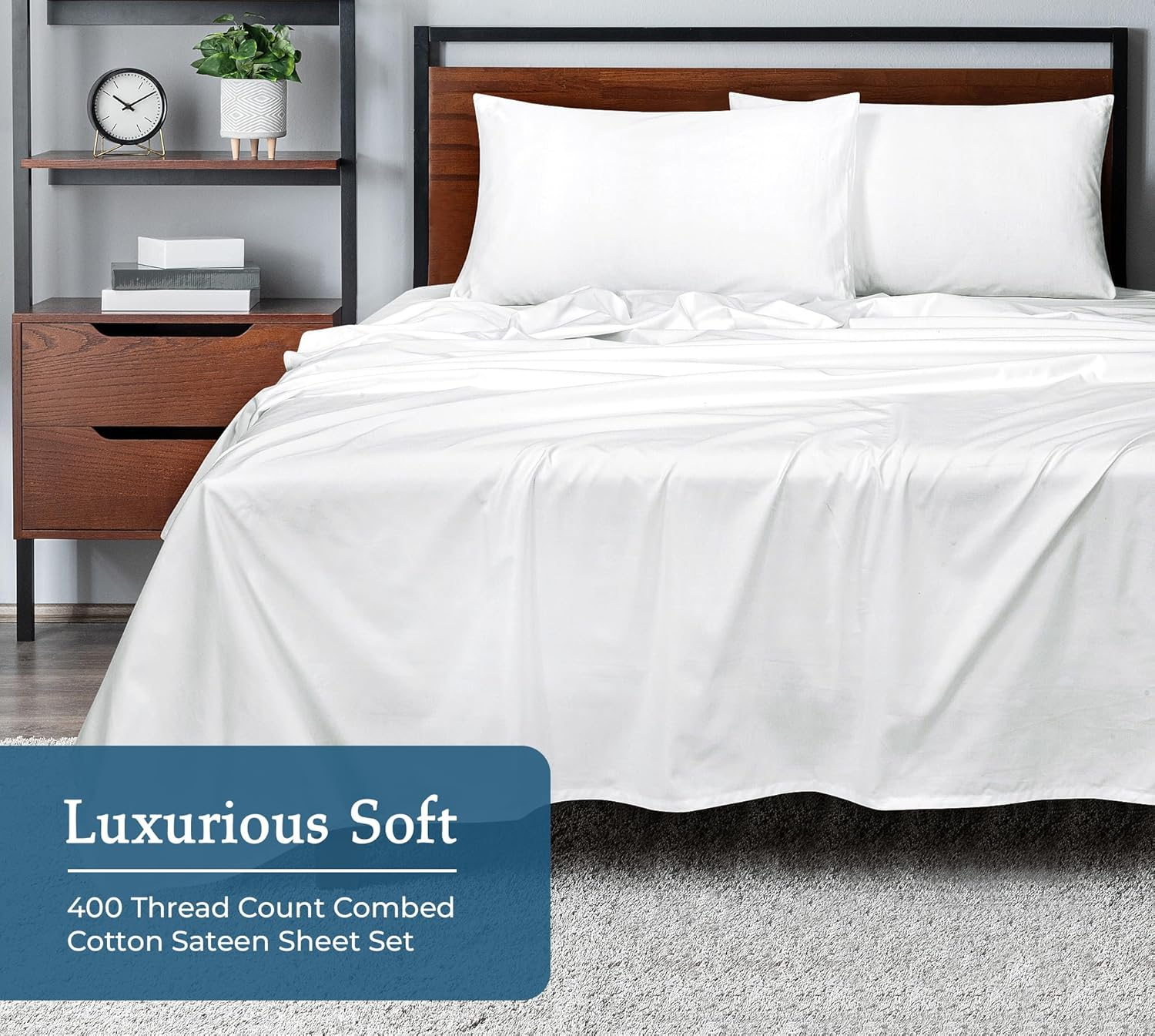 Royale Linens 400 Thread Count 100% American Grown Cotton 4 Piece Sateen Queen Sheet Set - 1 Fitted, 1 Flat Sheet, 2 Pillow case - True White Bedsheet Set - Cooling Cotton Sheets - (Queen, True White)