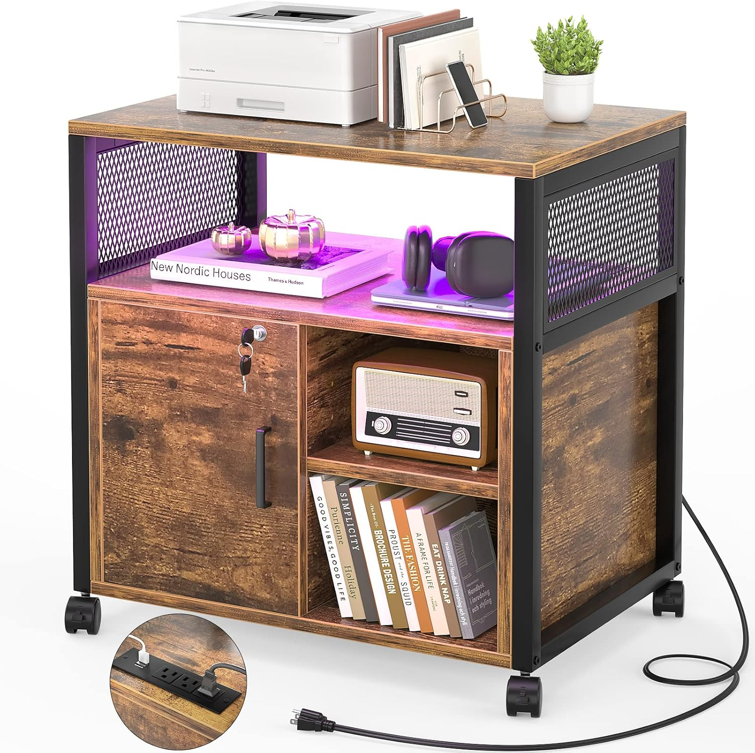 File Cabinet, Locking Office Filing Cabinets with Socket and USB Charging Port, Modern Rolling Printer Stand with Storage for Printer Scanner Fax Home Office Use with Wheels,Brown