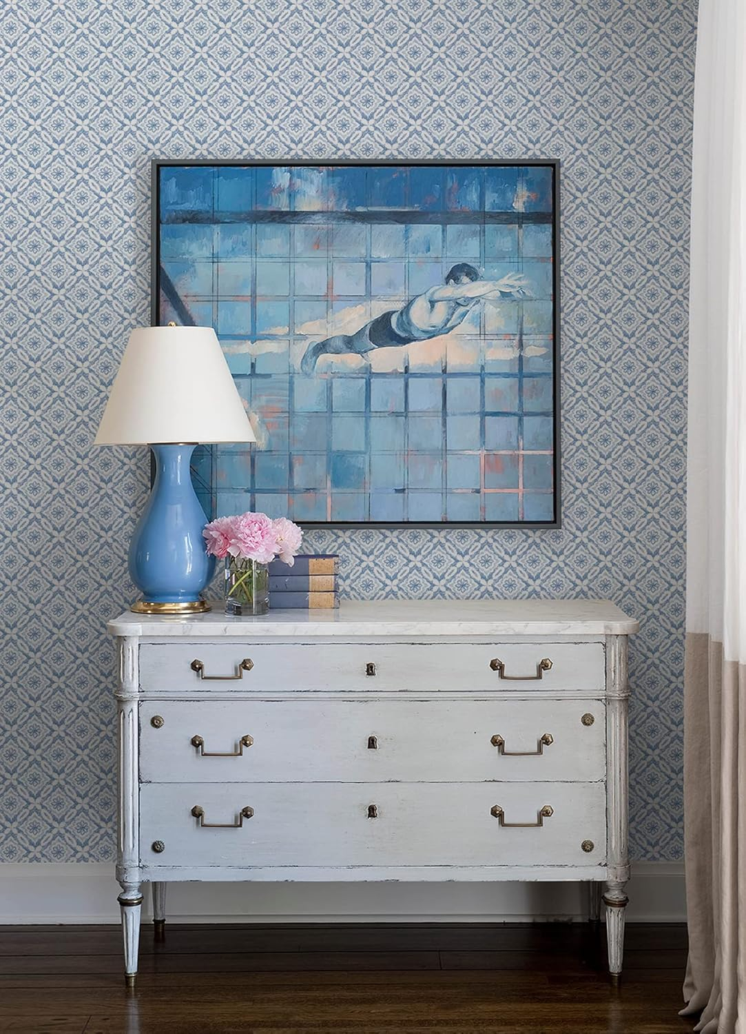 3122-10702 Hugson Quilted Damask Wallpaper with Embellished Diamond Shapes in Blue White Colors Farmhouse Style Prepasted Acrylic Coated Paper