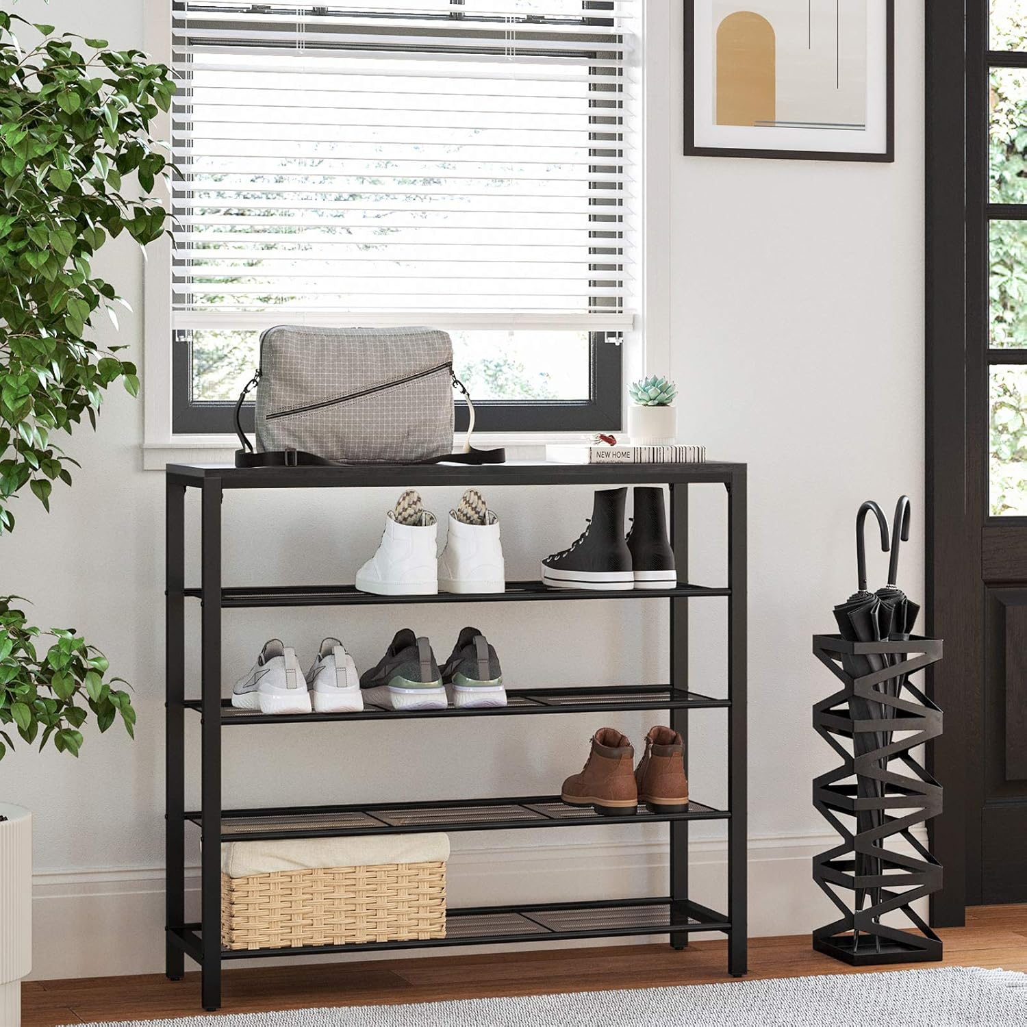 VASAGLE INDESTIC Shoe Rack, Storage Organizer with 4 Mesh Shelves and Large Surface for Bags, Shoe Shelf for Entryway Hallway Closet, Steel Frame, Industrial, Charcoal Gray and Black ULBS015B04