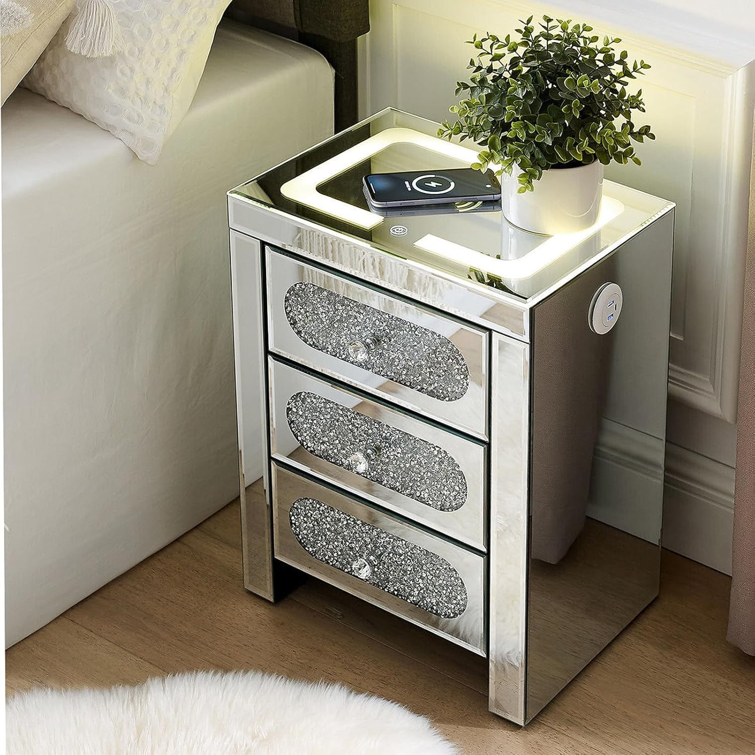 COSVALVE 3 Drawers Mirrored Nightstand Silver Glass Crystal Design Rectangle End Table with Wireless Charging Station, LED Lights, Charge USB Port