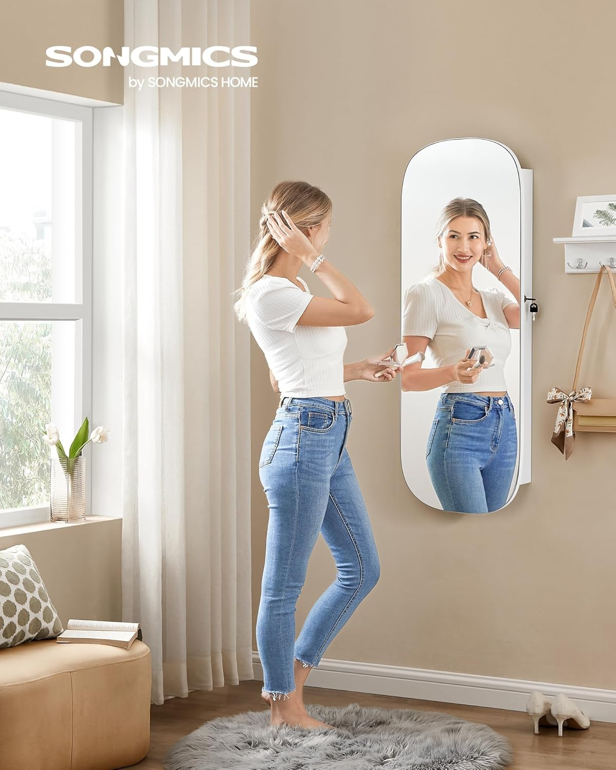 Mirror Jewelry Armoire Jewelry Cabinet Organizer Mirror with Storage Age 18 Greige Lining White