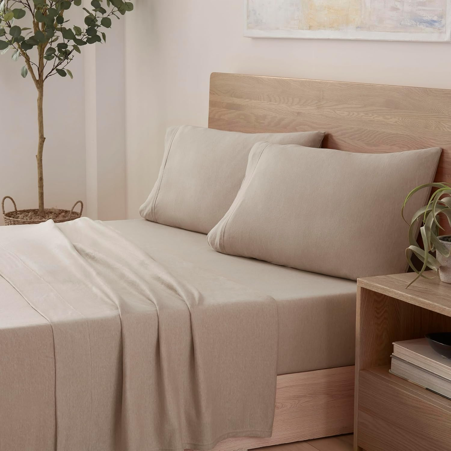 Vellux 4-Pc. Queen Solid Jersey Knit Sheets - Cotton Blend, Deep Pocket, Ultra Soft, Taupe