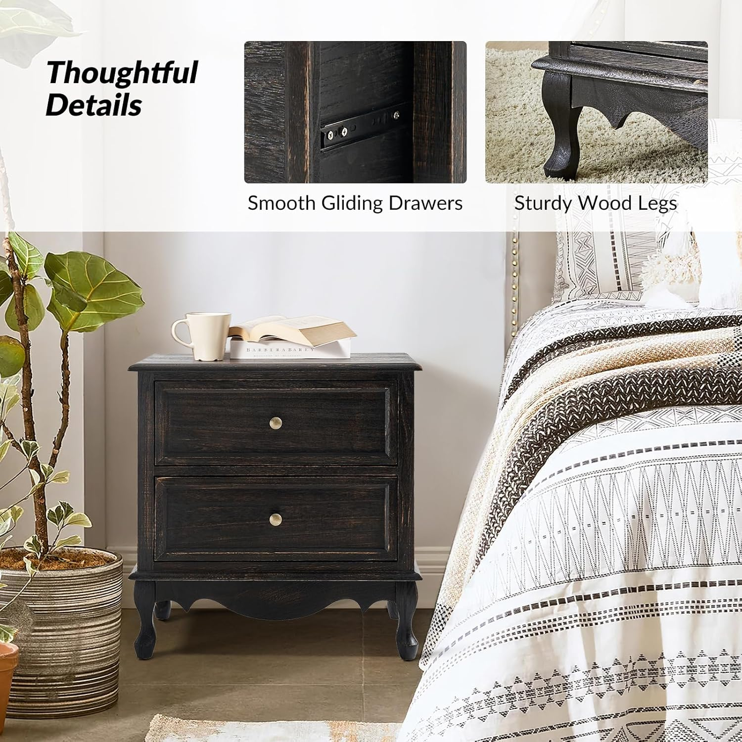 Charcoal Solid Wood French Country 2-Drawer Nightstand Set