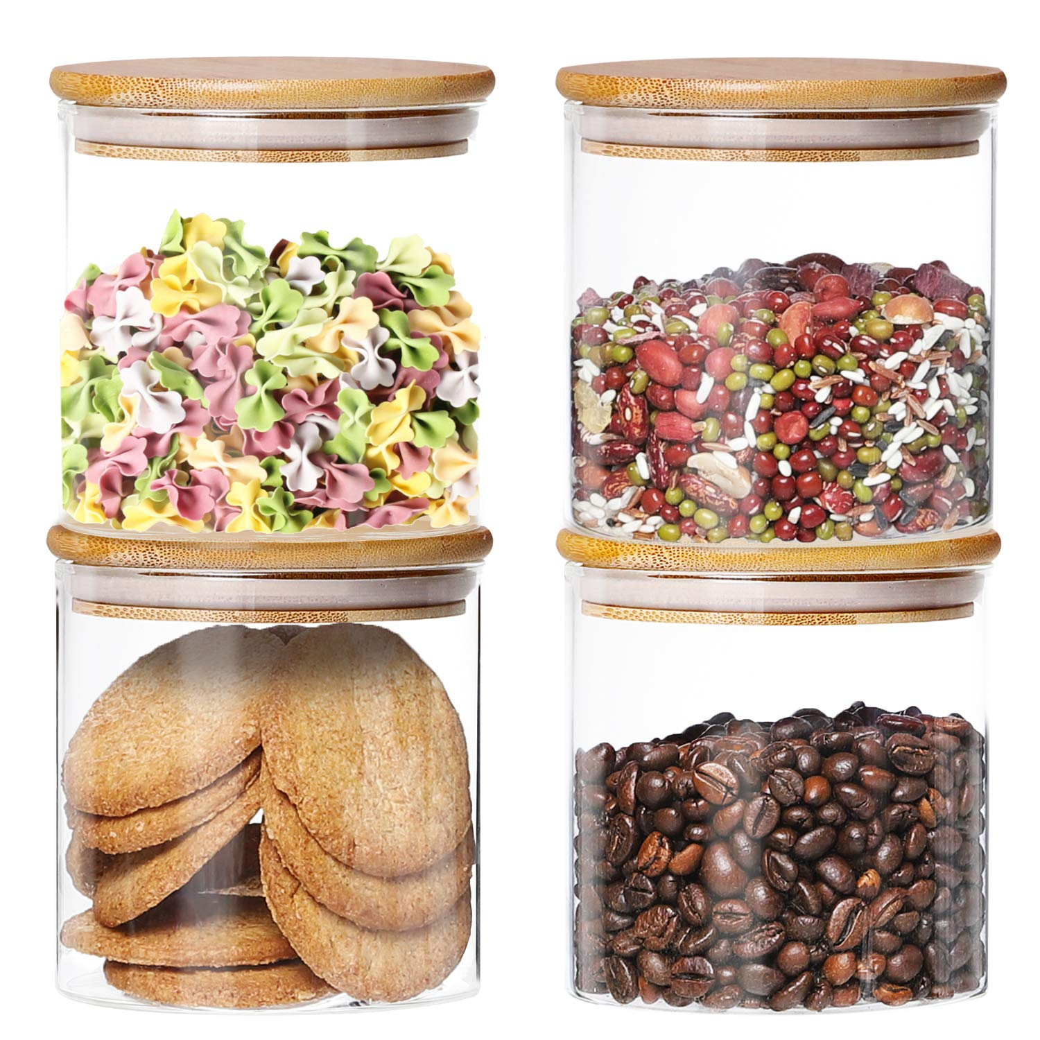 4 Pack Glass Jars with Airtight Bamboo Lids, Glass Kitchen Canisters Clear Container for Food Storage of Dry Goods, Cookie, Candy, Spices, Coffee Beans and More, 18.6 OZ