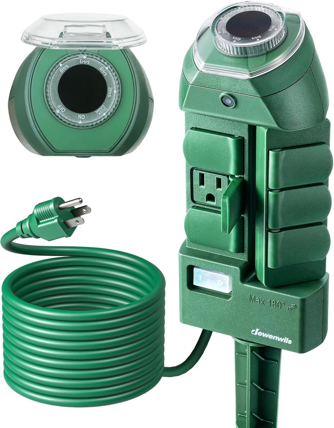 DEWENWILS Outdoor Power Stake Timers with Photocell, 6 Grounded Outlets, 10FT Extension Cord, Dusk to Dawn for Christmas Lights, Outdoor Decoration, 1875W/15A, UL Listed